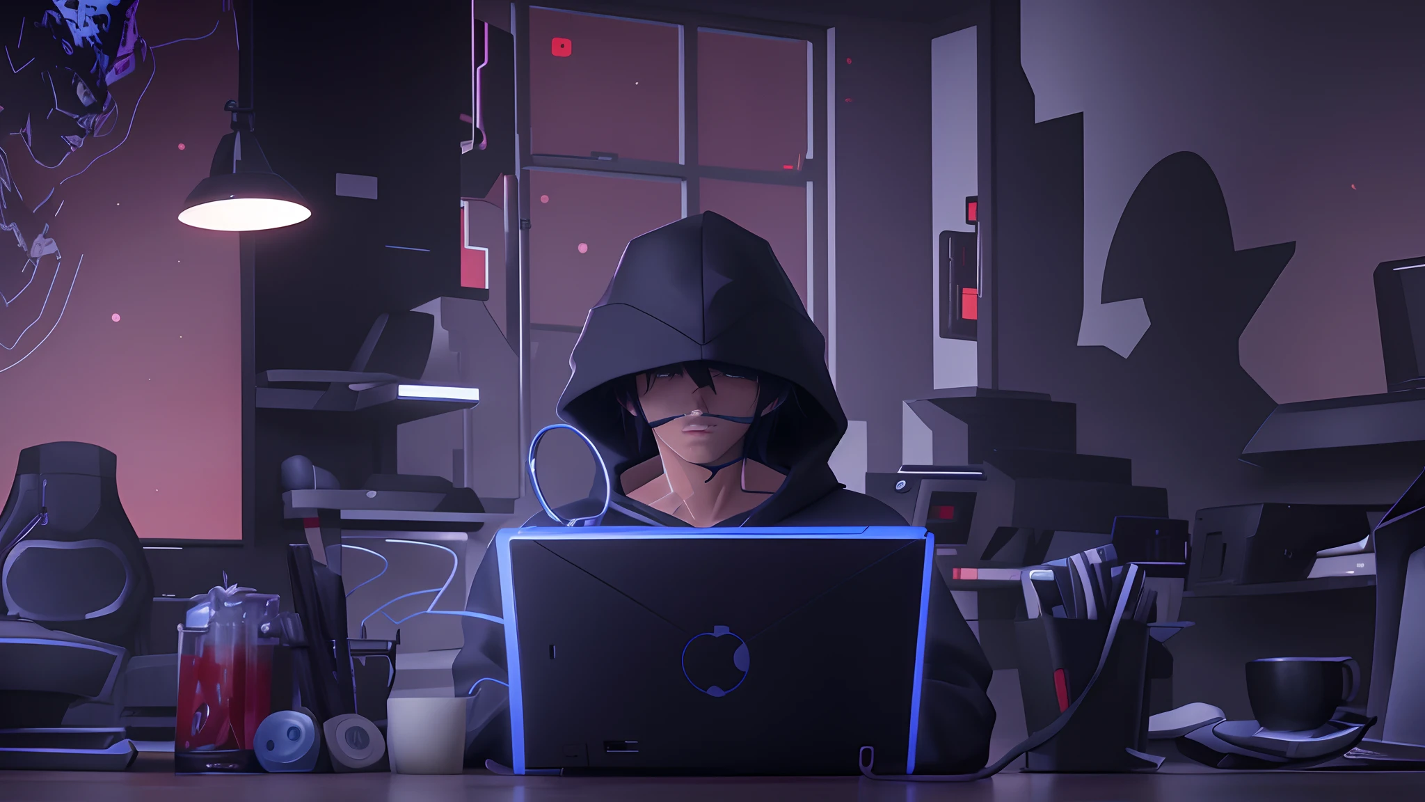 personagem de anime Sasuke sentado em uma mesa com um laptop, inspirado em Sasuke, cyber noir, Estilo anime 4K, Tecnologia batida. Neo Estilo Preto, Directed by: Liam Wong, Fanart oficial, hacker, hacker cyberpunk, Garota de anime cyberpunk com capuz, badass anime 8 k, papel de parede do computador, arte digital do anime cyberpunk, Artgerm e Atey Ghailan,3D animation