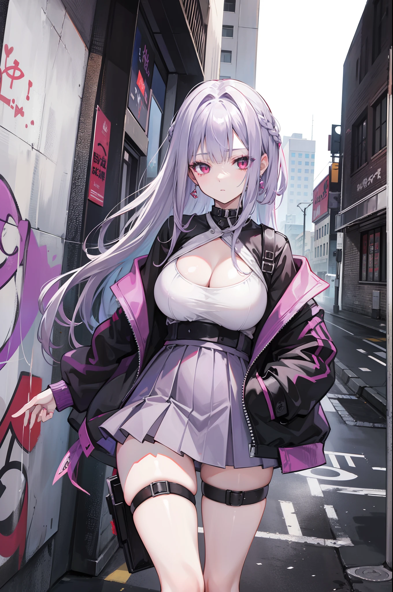 4k画质，Highest high resolution，Gray-purple bangs，Red eyes，20yr old，woman，Graffiti walls，street corner，short  skirt，blackstockings，God perspective，Clear face，Detailed eyes，cleavage，