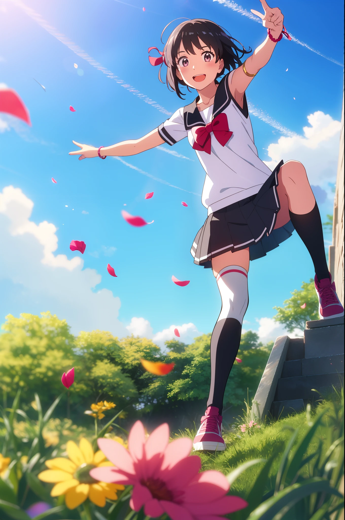 modelshoot style, masterpiece, absurdres, best quality, perfect anatomy, shinkai makoto, kimi no na wa., 1girl, bangs, (two-tone hair, pink hair, black hair), brown eyes, blush, solo, idol, short hair, white hair flower, ribbon, bow, standing on one leg, armlet, bracelet, arm ribbon, thighhighs, outstretched arm, petals, red headband, floating hair, dynamic pose, cinematic angle, cowboy shot, light particles, sparkle, beautiful detailed eyes, shiny skin, shiny hair, sunbeam, wide shot, depth of field, backlighting, day, beautiful clouds, gradient sky, dappled sunlight, contrail, outdoors, reflective floor, park, flowery meadow, wind, cute, smile, open mouth, :D, cheerleader, pom pom \(cheerleading\), collarbone, holding pom poms, layered skirt, pleated skirt, short sleeves, outdoors, school