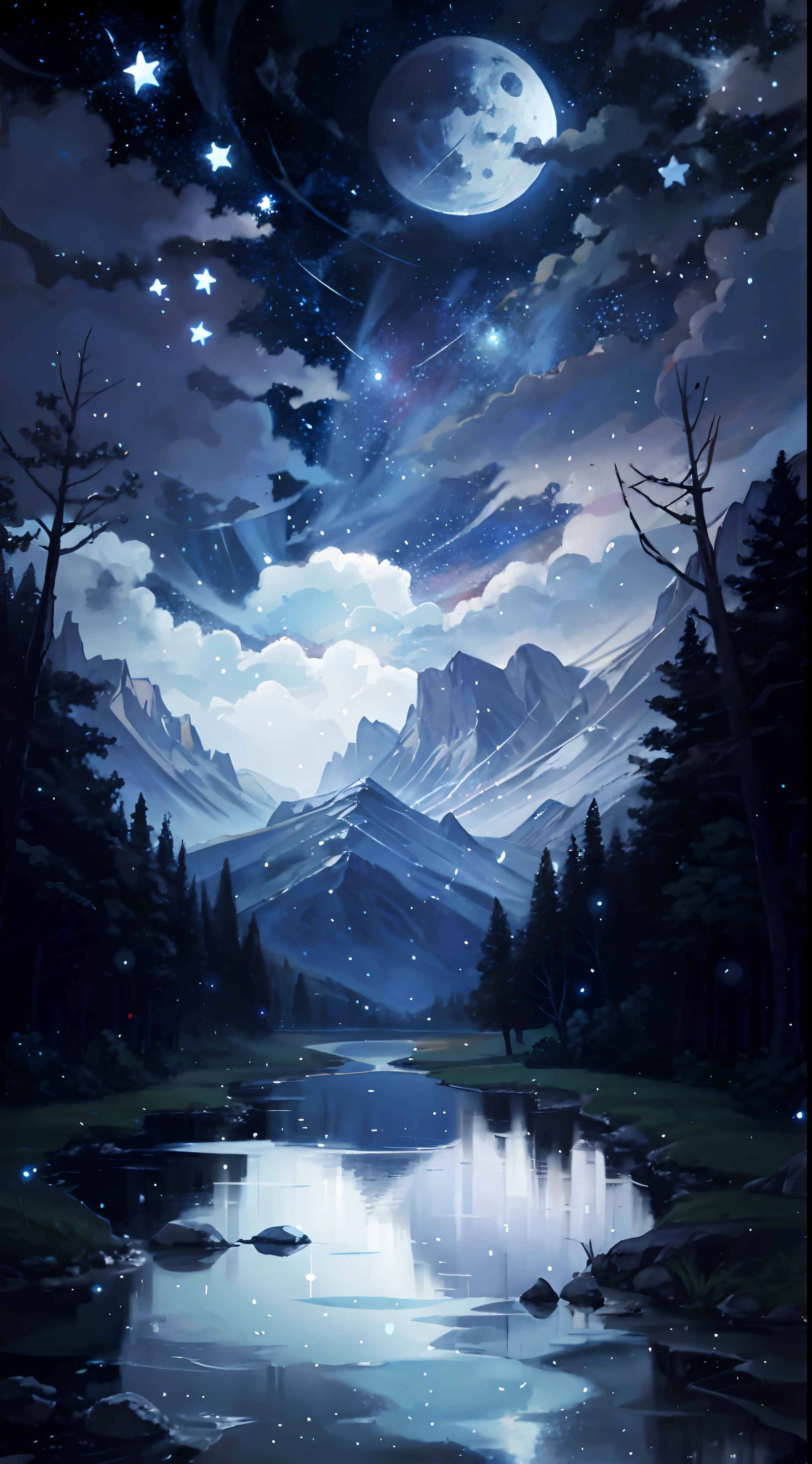 A painting of a river with stars and moon in the sky, concept art inspired by Tosa Mitsuoki, pixiv contest winner, best quality, fantasy art, beautiful, a bright moon, moonlit starry environment, dream painting, Anime Background Art, Fantasy Landscape Art, Fantasy Night, Anime Background, Background Artwork, Fantastic Art, Atmospheric Anime, Starry Sky, Detail Enhanced.