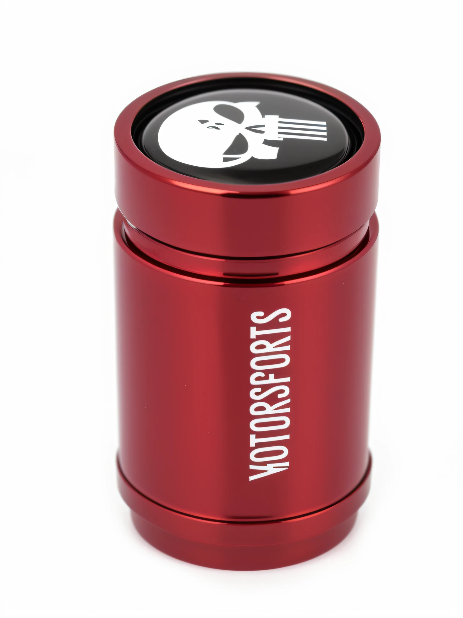 Close-up of a red container,There is a skull on it, Official product photo, smoke bombs, full product shot, red mechanical body, scratched vial, Product photo, it has a red and black paint, Chrome red, hyperdetailed scp artifact jar, High-octane filter, dark red, full-shot, full-shot, salt shaker, Silver and crimson ink, pistons