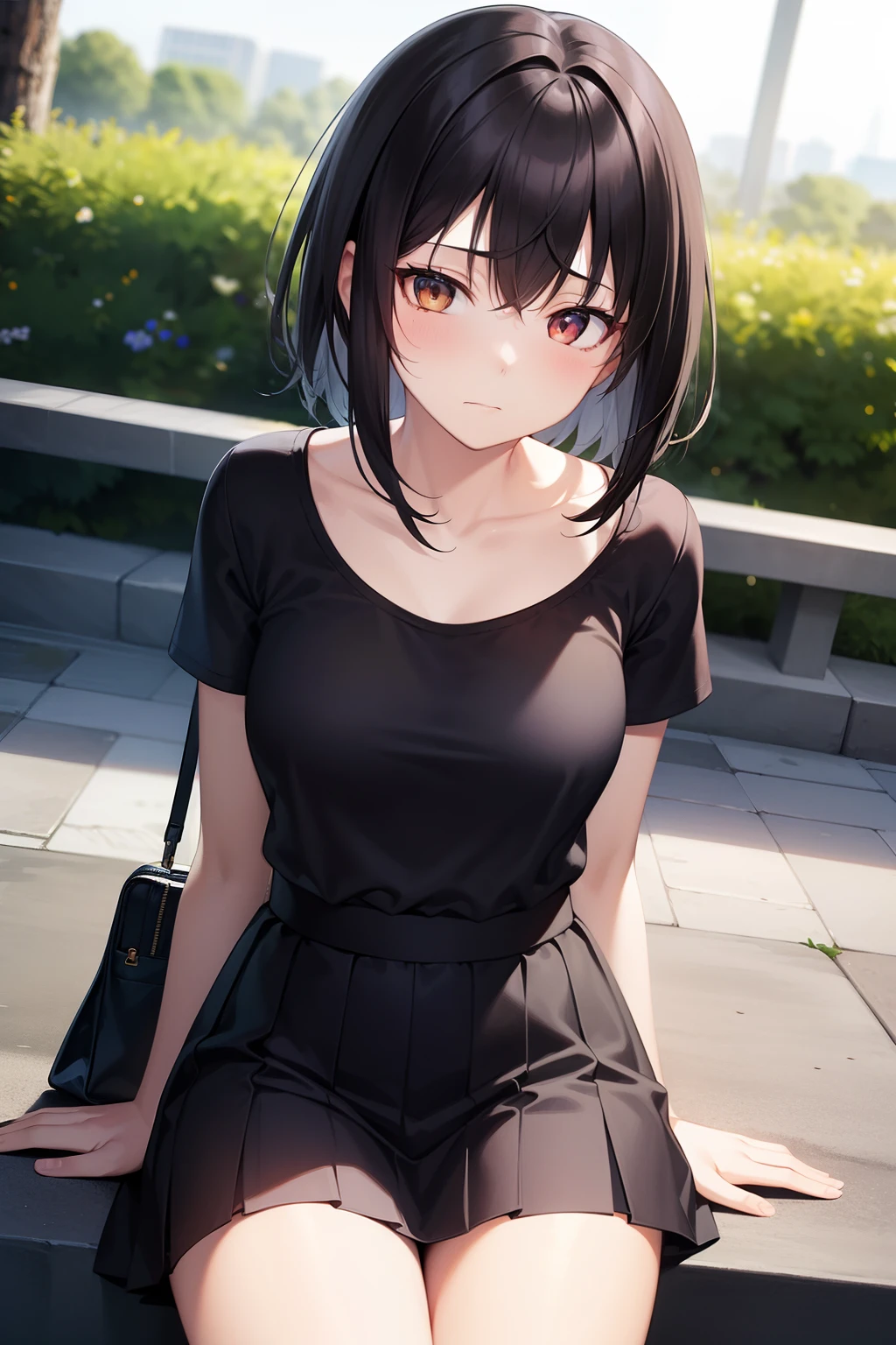 best quality, hd, masterpiece, 8k, 1 girl, black hair, wolf cut hair, wearing casual clothes, wearing a knee-length skirt, looking at the camera, face looks worried, in the park