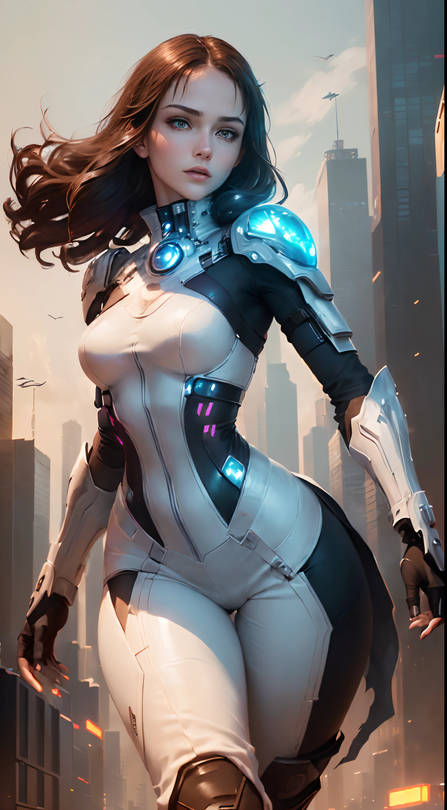 ((Woman with Perfect face & friendly expression & White cyberpunk dress & Full armor with pants & Ultra-detailed hazel eyes & Tall & Slender & Pale skin & Dark brown hair cascading down to your shoulders & Small bust & hourglass figure, detailed hands))|, She Is Running On The Rooftops, Dynamic adventurer Poses, Background Futuristic Night City,|