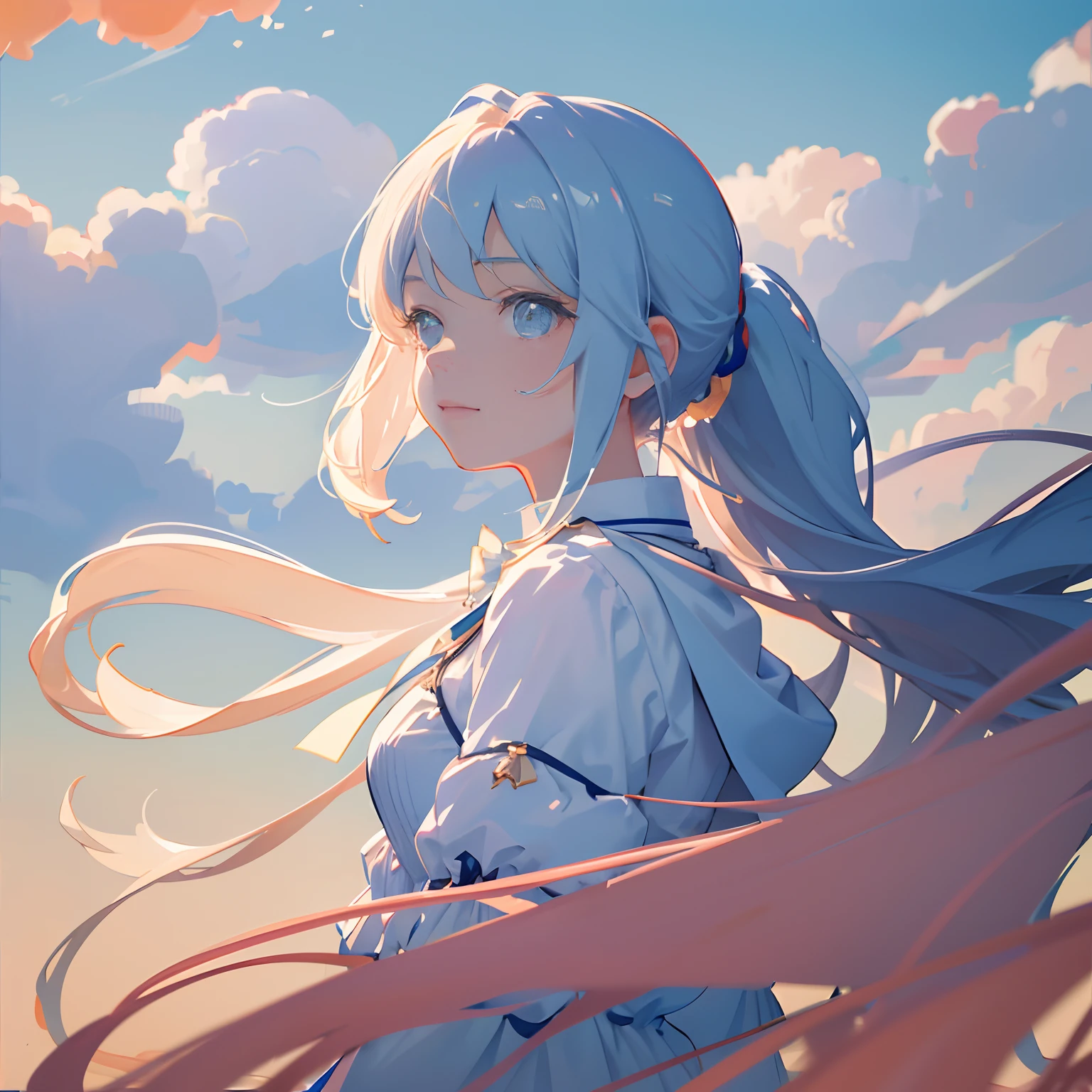 tmasterpiece,best qualtiy,cinematic Film still from,1girl,Floating in the sky,Cloud Girl,clouds,(closeup cleavage:1.1),brightly,cheerfulness,intriguing,gentlesoftlighting,(bauhause,shape,lineworks,abstracted:1.1),Long hair with a ponytail