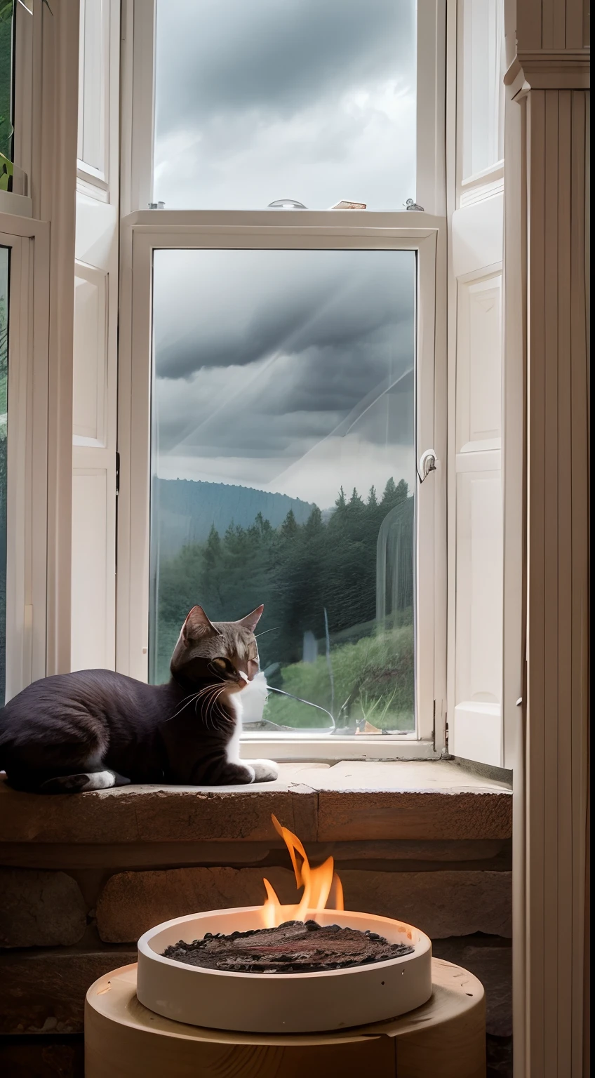 violent storm，dark stormy clouds，floor to ceiling window，sofe，fireplace， cats，A plant，the woods，hilltop，High detail，lightand shade contrast，hyper HD，tmasterpiece，winning artwork，Best quality at best，A high resolution，16k