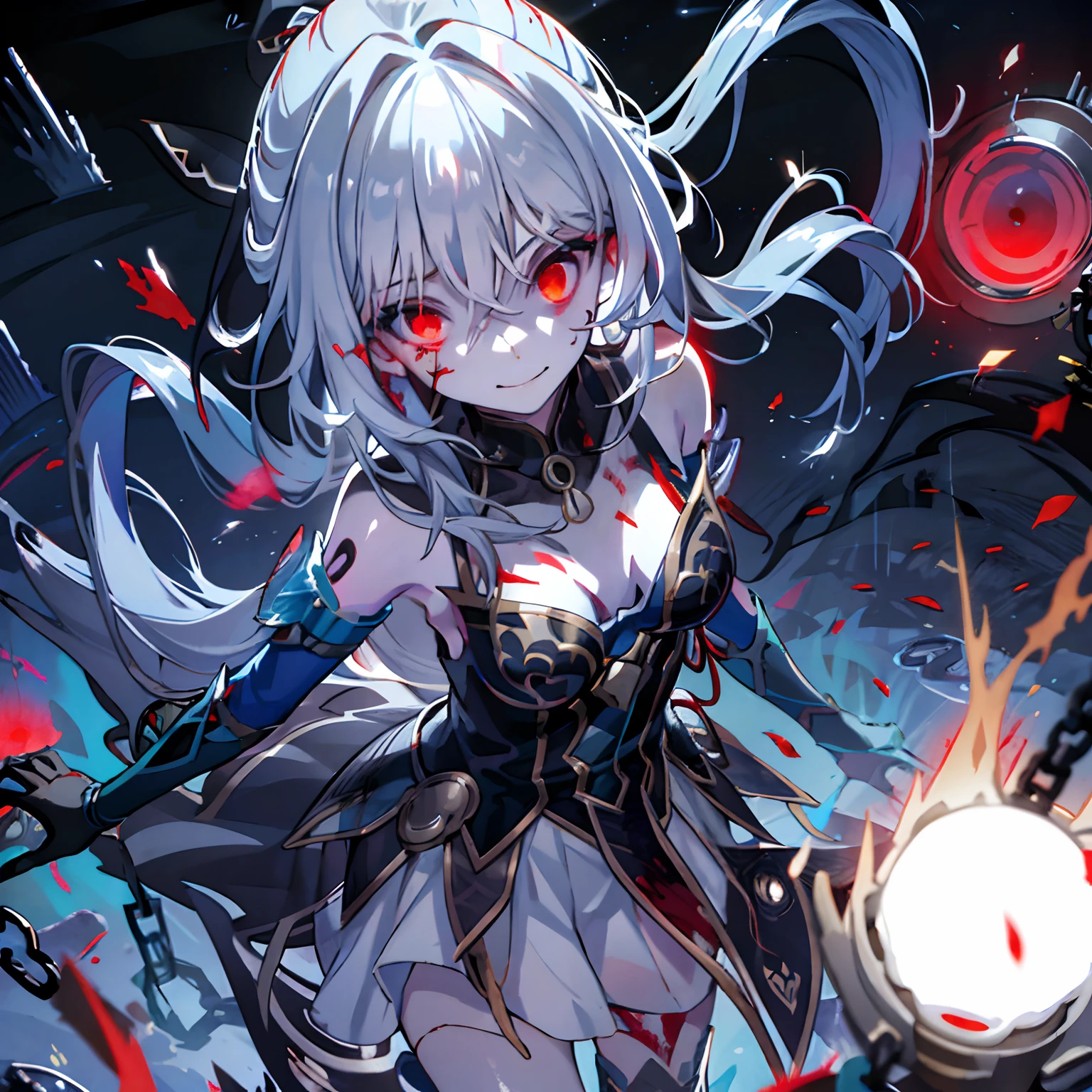 masterpiece, best quality, 1 girl, solo supine, pale skin, messy hair, red eyes, glowing eyes, creepy, creepy smile, crazy expression, blood on clothes, creepy, scary, blood, horror, light particles, night, iron bracelets with chains