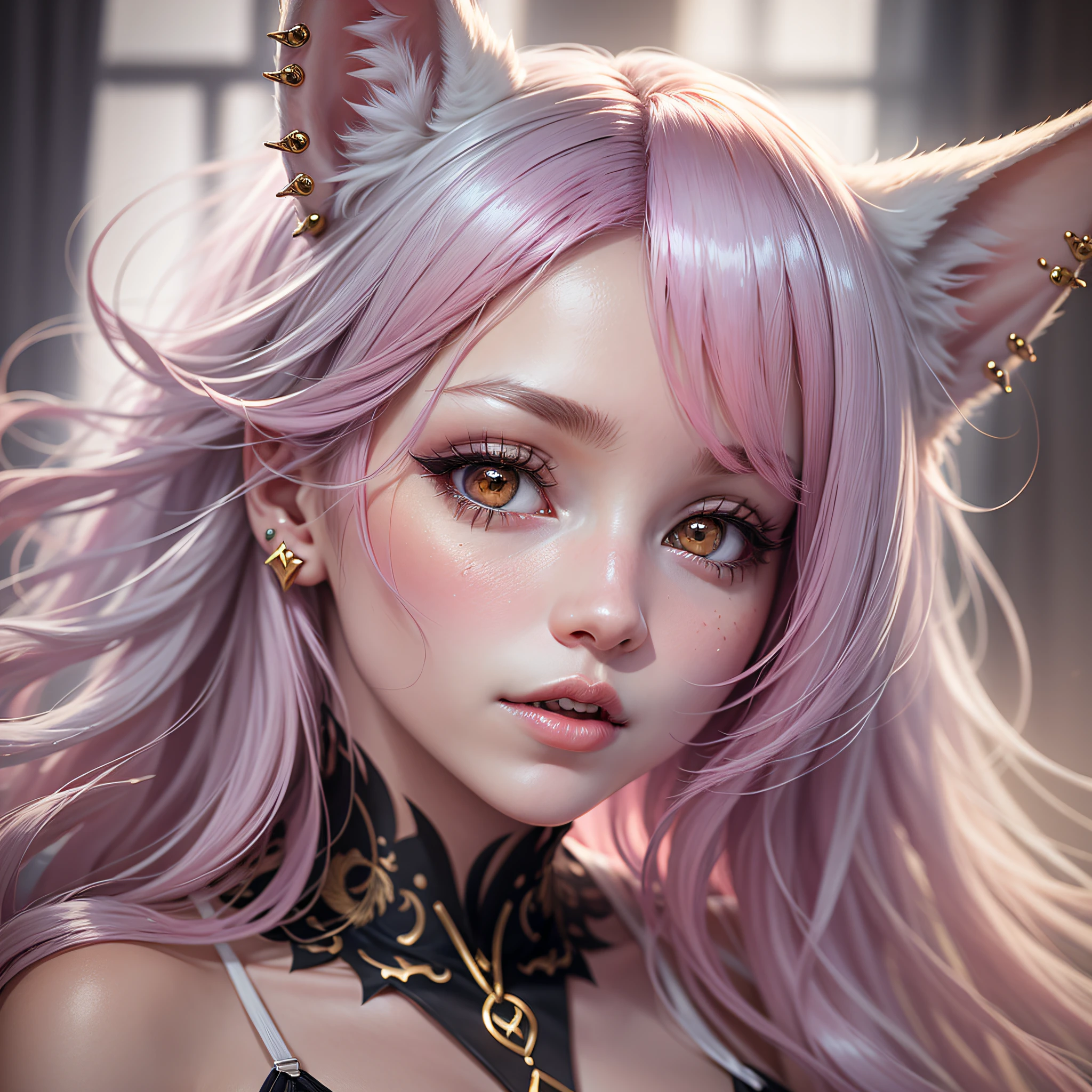 Pale skin, pink hair, fox ears, fox tail, golden ear piercings, silver eyes, voluminous eyelashes, soft mouth, female silhouette, small breasts, crispr genes, 8k, full HD, realistic