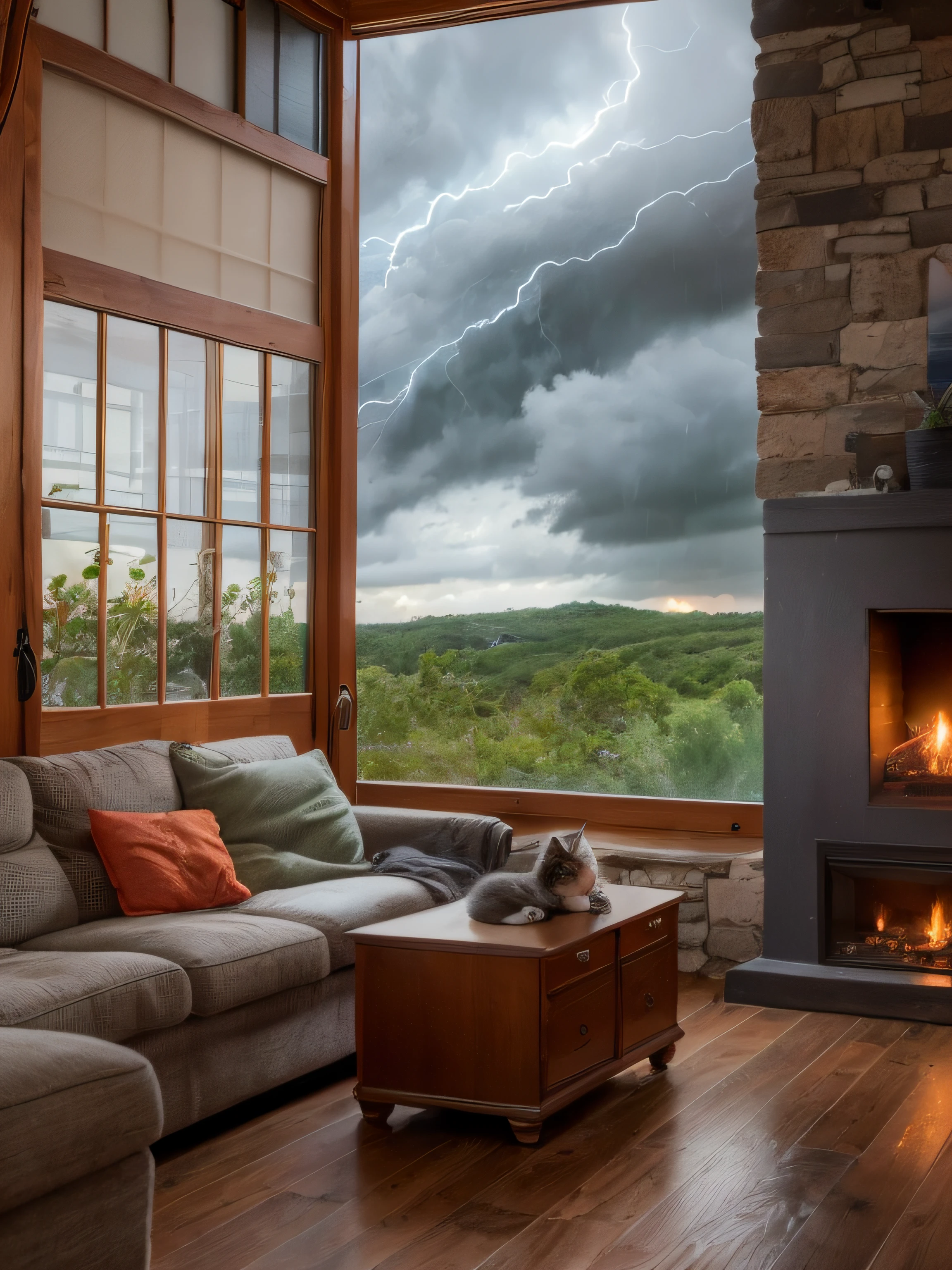violent storm,dark stormy clouds,floor to ceiling window,sofe,fireplace,baby cats,A plant,the woods,hilltop,High detail,lightand shade contrast,hyper HD,tmasterpiece,winning artwork,Best quality at best,A high resolution,16k