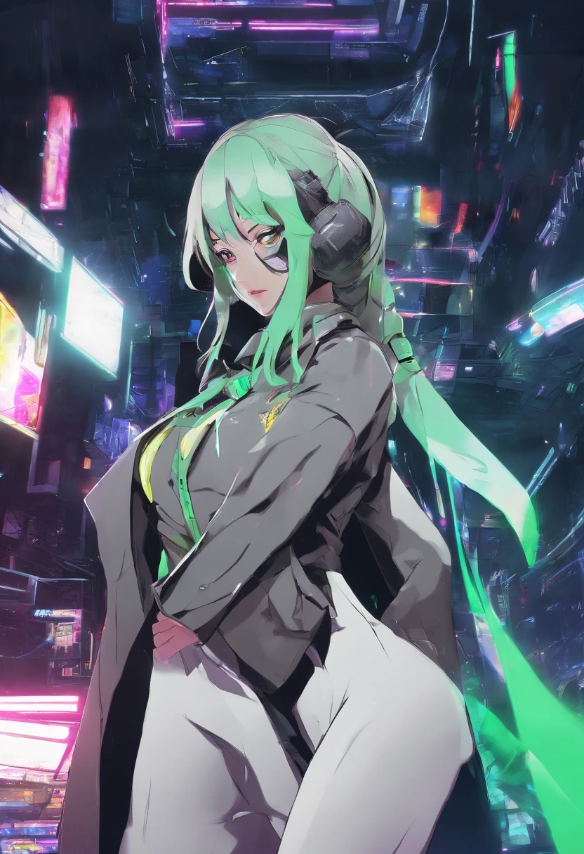 (hight resolution, Best Quality:1.2), brilliance, soft contour, a beautiful painting, Cowboy Shot, (masutepiece), 1girl in, Beautiful Girl, Hogwarts Background, Background of the magical world, Background inside the mansion, Shadow Window, Hogwarts Background, Black background, hogwarts school uniform, hogsks, Slytherin, Gray hair in a ponytail, Yellow eyes, Angry look, School Dress, Long skirt, Green tie, cool lady