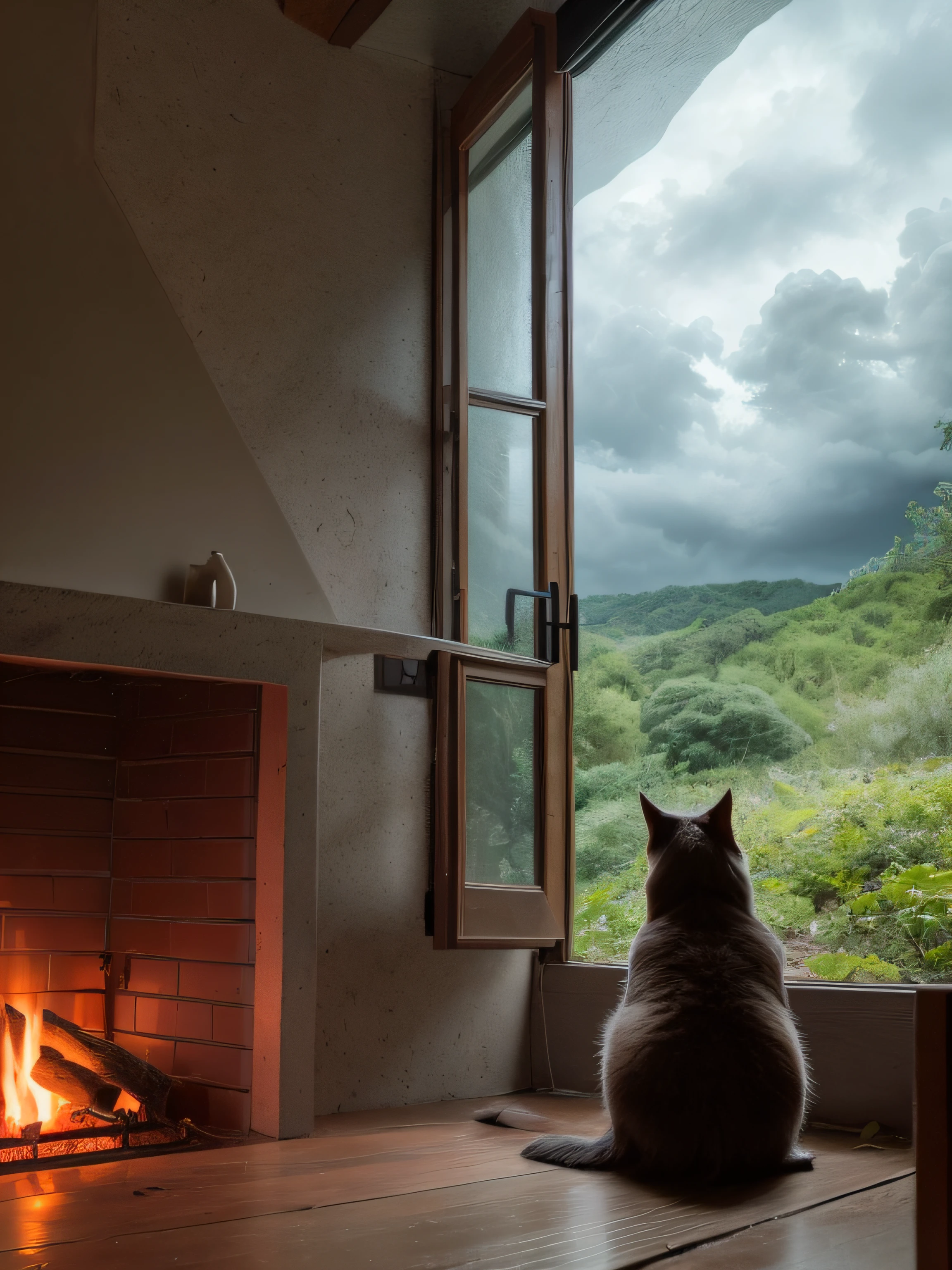 violent storm,dark stormy clouds,floor to ceiling window,sofe,fireplace,baby cats,A plant,the woods,hilltop,High detail,lightand shade contrast,hyper HD,tmasterpiece,winning artwork,Best quality at best,A high resolution,16k