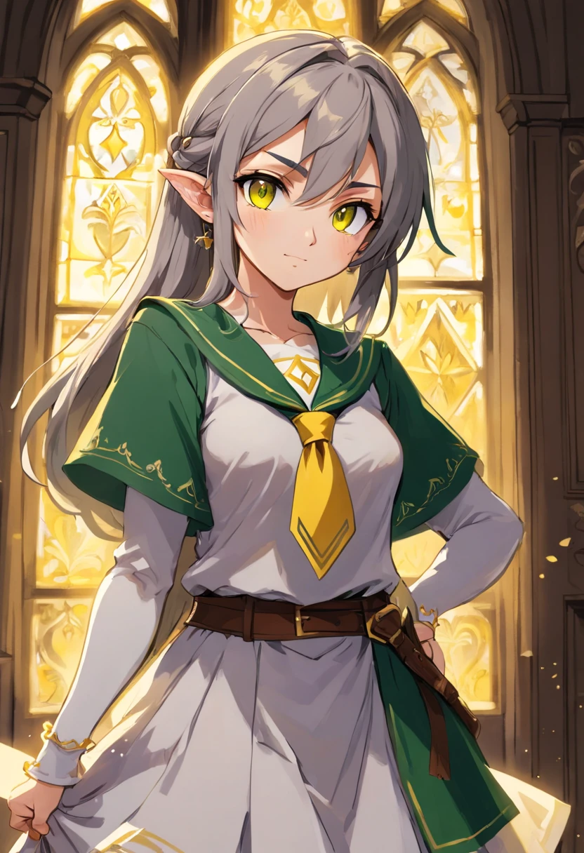 (hight resolution, Best Quality:1.2), brilliance, soft contour, a beautiful painting, Cowboy Shot, (masutepiece), 1girl in, Beautiful Girl, Hogwarts Background, Background of the magical world, Background inside the mansion, Shadow Window, Hogwarts Background, Black background, hogwarts school uniform, hogsks, Slytherin, Gray hair in a ponytail, Yellow eyes, Angry look, School Dress, Long skirt, Green tie, cool lady