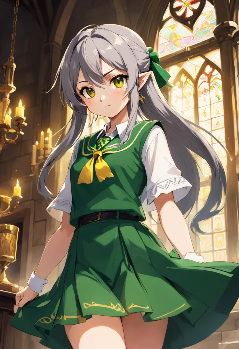 (hight resolution, Best Quality:1.2), brilliance, soft contour, a beautiful painting, Cowboy Shot, (masutepiece), 1girl in, Beautiful Girl, Hogwarts Background, Background of the magical world, Background inside the mansion, Shadow Window, Hogwarts Background, Black background, hogwarts school uniform, hogsks, Slytherin, Gray hair in a ponytail, Yellow eyes, Angry look, School Dress, Long skirt, Green tie, cool lady