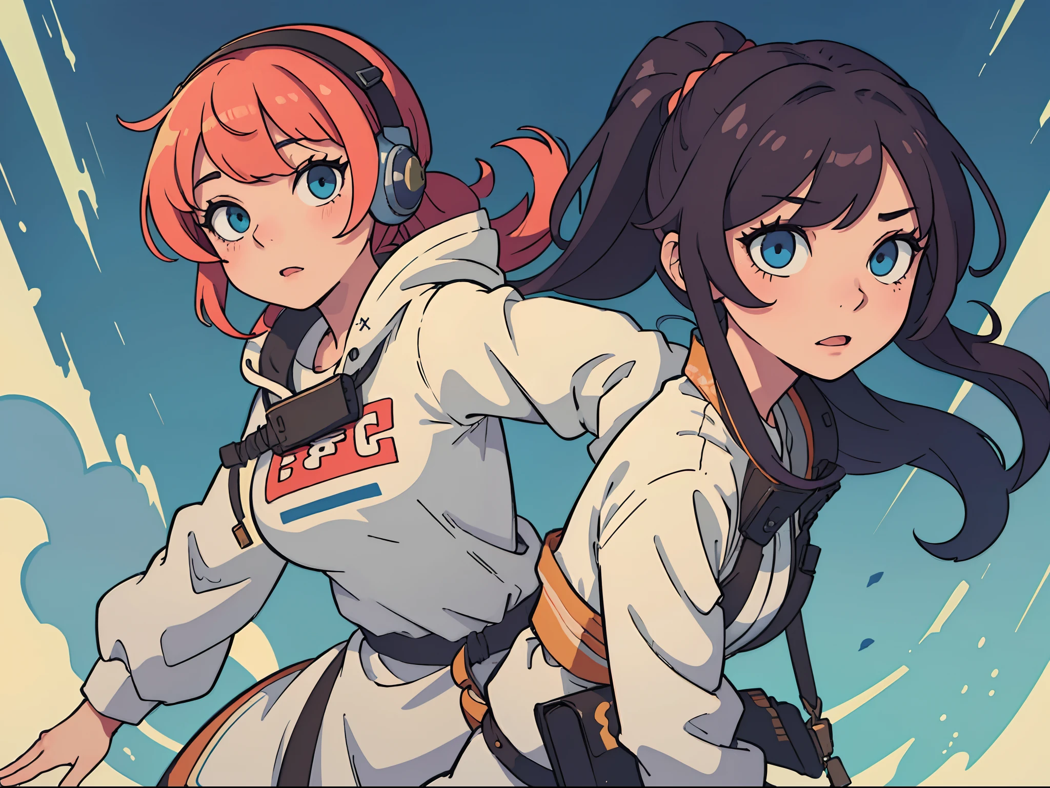 ((Best quality, 8K, Masterpiece: 1.4)),((Amazing detail: 1.3)),((illustration, Hairstyle Casual: 1.2)),((high resolution: 1.1)), 1girll, masked, headset on head, Tactical coat, Fashionab, Soft light, Colorful, Turn Back, anime big breast, Depth of field, Cinematic lighting, From below, Anatomically correct, full bodyesbian, Amazing art of painting,