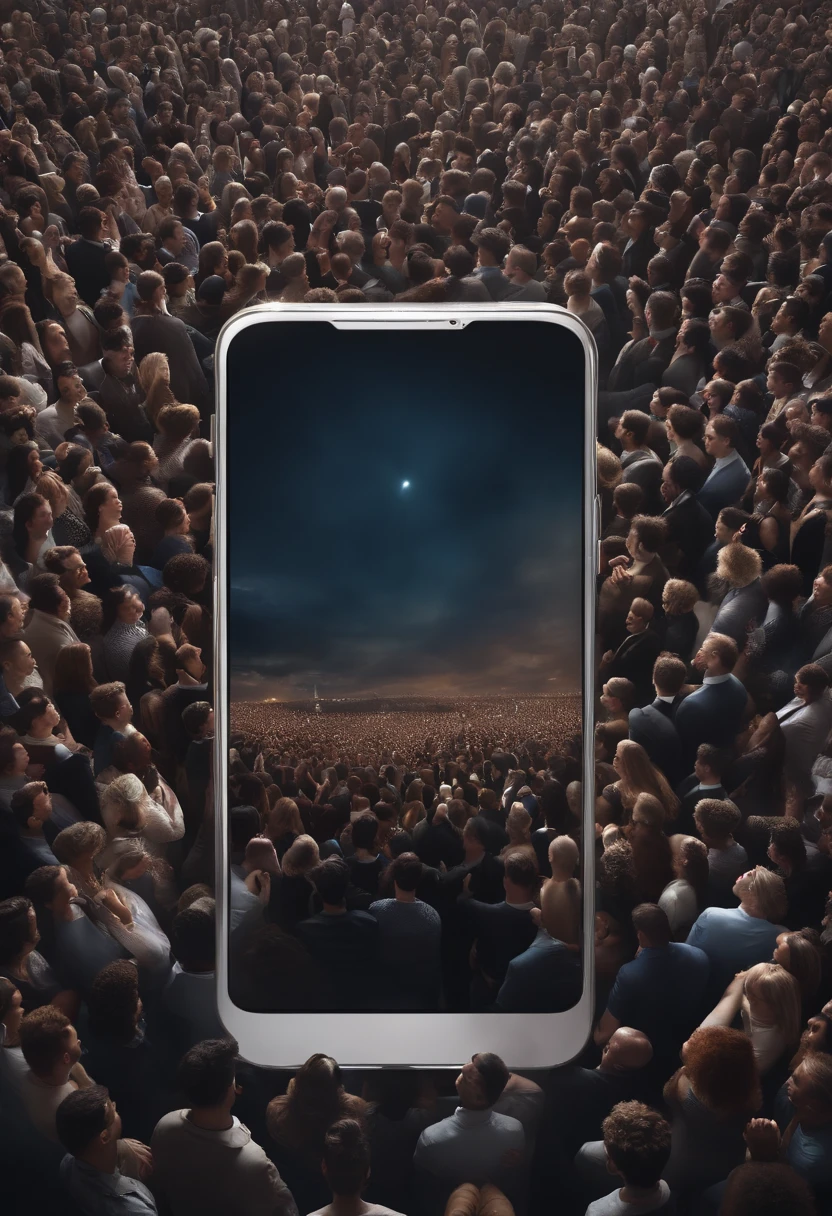 a image, with ultra-realistic details of a crowd of people around a giant standing smartphone looking up, 8k image, upscaler, 400mn lens,