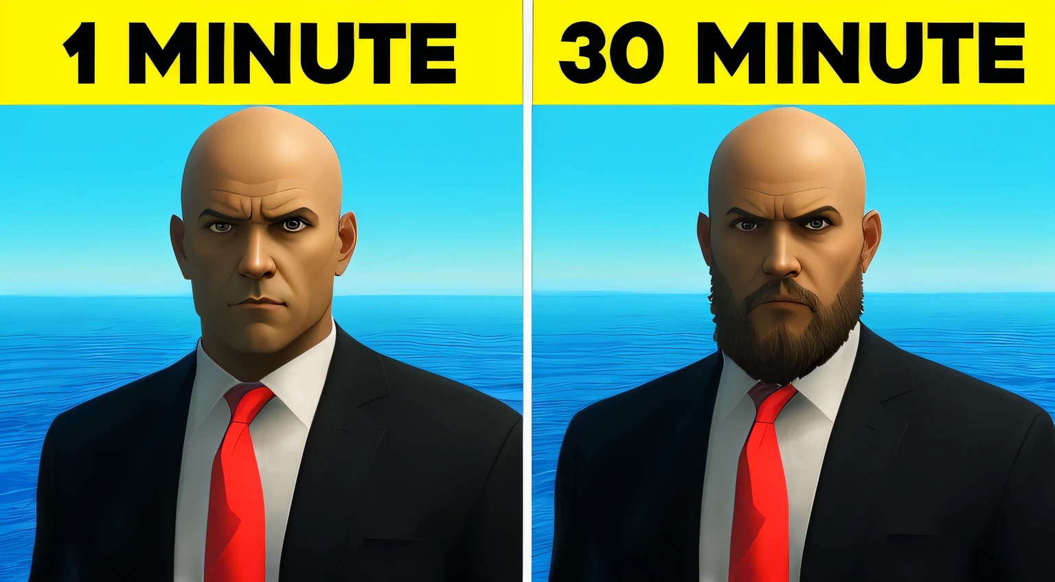 There are two pictures of a man with a beard and suit, rostos ultra realistas precisos, Fortnite realista, assassino de aluguel, rostos extremamente realistas, rosto detalhado preciso, 3rd person game, rostos ultra realistas, rostos extremamente afiados, rostos perfeitos altamente detalhados, rostos realistas detalhados, rostos detalhados e realistas, rostos precisos, Estilo de GTA V, gta v personagem, hyper realistic content