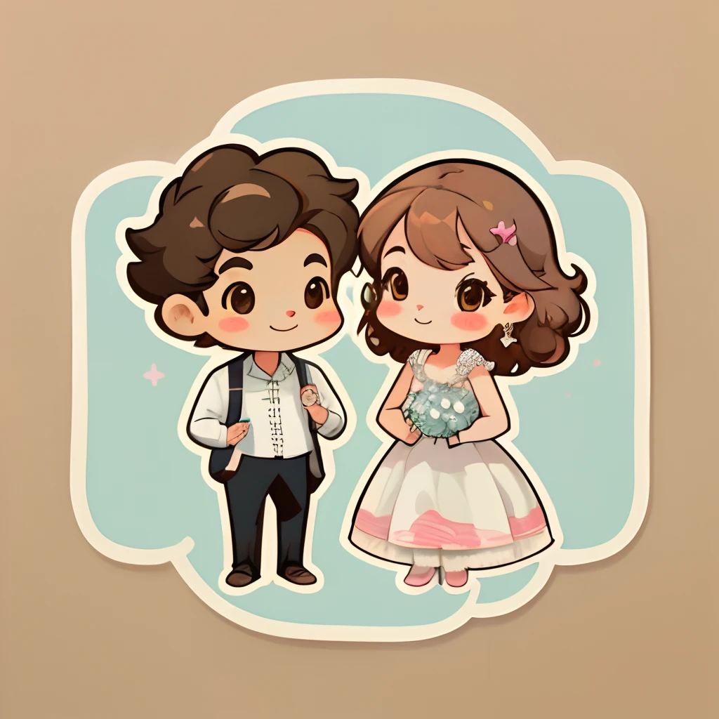 1sticker，Handbook，（a sticker，1girl，cheerfulness，brown eyes, long chestnut brown hair color ，fair skin, Pink Wedding dress，1boy, black hair, fair skin, white dress shirt，black pants, Modern clothes，Embroidery，Hairpin，bamboos，moss，Pavilion）， aquarelle，white backgrounid， simple backgound， dk， adolable， small， pastel colour， vectorstyle， no gradien，