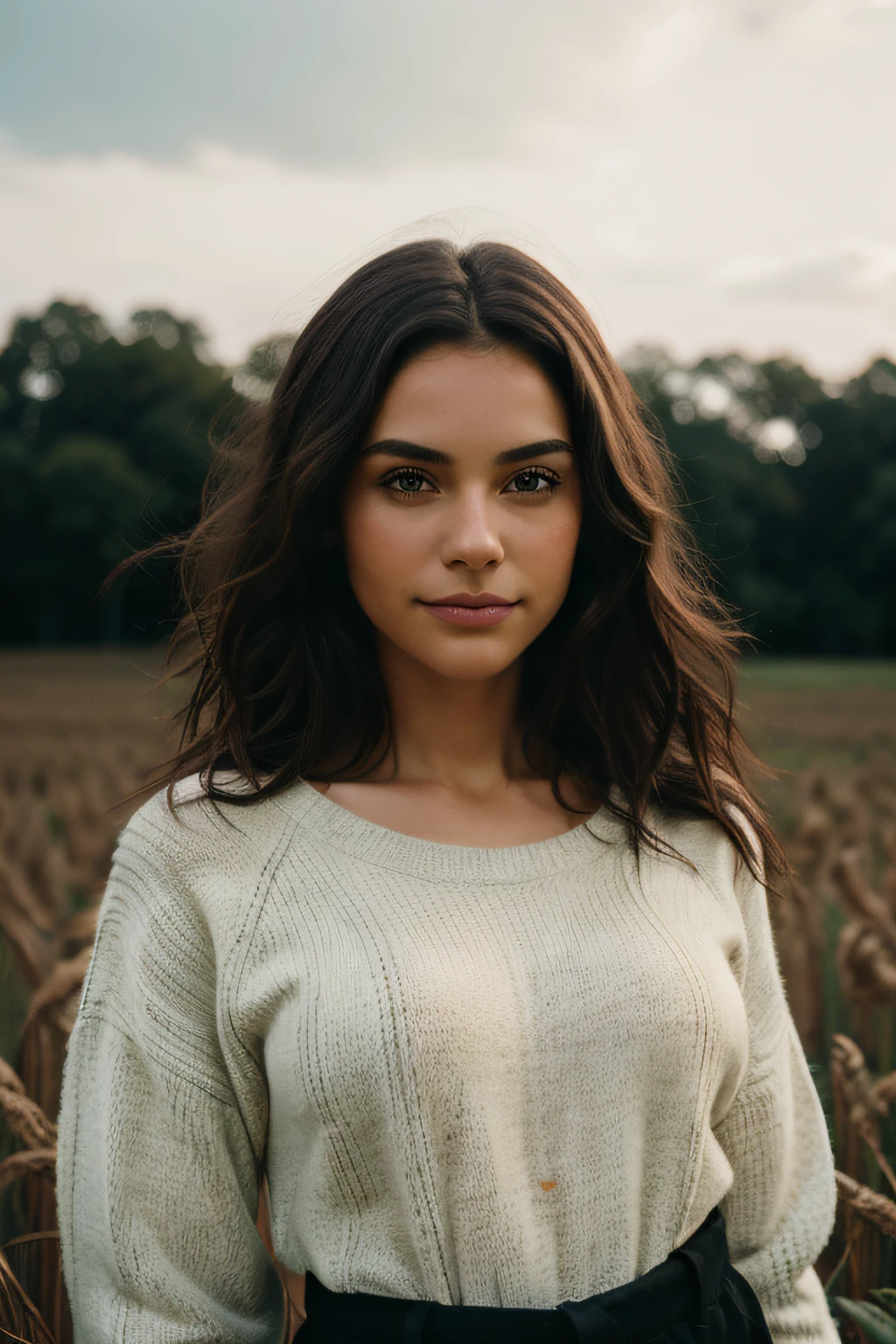 /imagine prompt: 150
cute beautiful brunette wearing a knit sweater and black pants (standing in a field), full body, very detailed, 21 years old, innocent face, natural wave hair, brown eyes, high-res, masterpiece, best quality, intricate details, highly detailed, sharp focus, detailed skin, realistic skin texture, texture, detailed eyes, professional, 4k, shot on Canon, 85mm,shallow depth of field, Kodak vision color, perfect fit body, extremely detailed, photo_\(ultra\), photorealistic, realistic, post-processing, max detail, roughness, real life, ultra realistic, photorealism, photography, 8k uhd, photography (film grain) medium shot to close up shot happy smiling atmospheric dark lighting