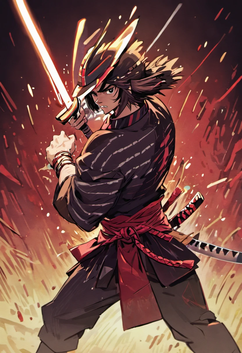 (((um homem samurai com uma KATANA na cintura))), olhar penetrante, Wearing a bamboo hat, rosto detalhado, jovem, extremamente detalhado, plano geral, estilo anime, colorido, obra prima, 8K,