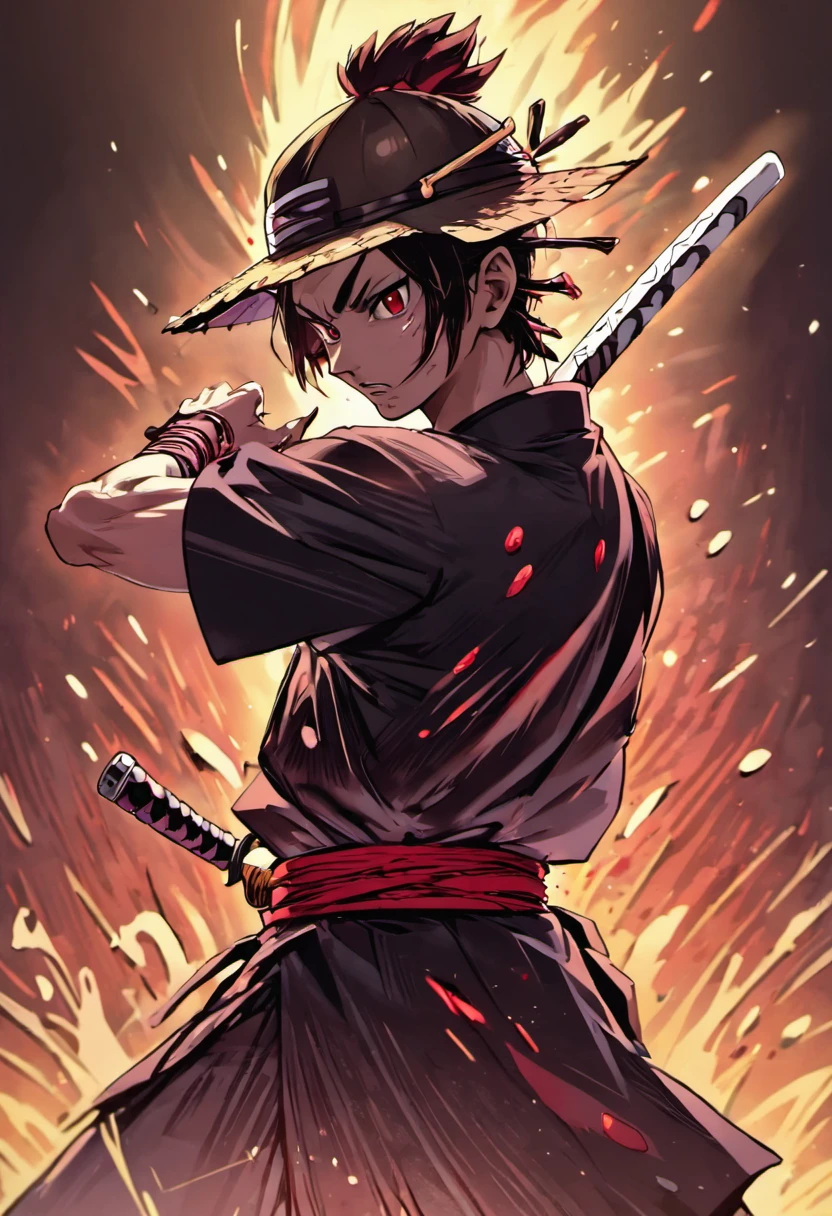 (((um homem samurai com uma KATANA na cintura))), olhar penetrante, Wearing a bamboo hat, rosto detalhado, jovem, extremamente detalhado, plano geral, estilo anime, colorido, obra prima, 8K,