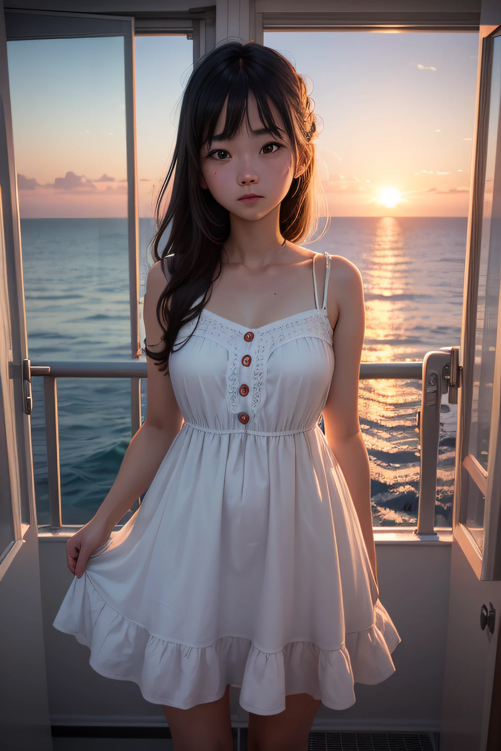 a girl, 22 year old, white dress she on the bad looking far away into window in the sea sunset