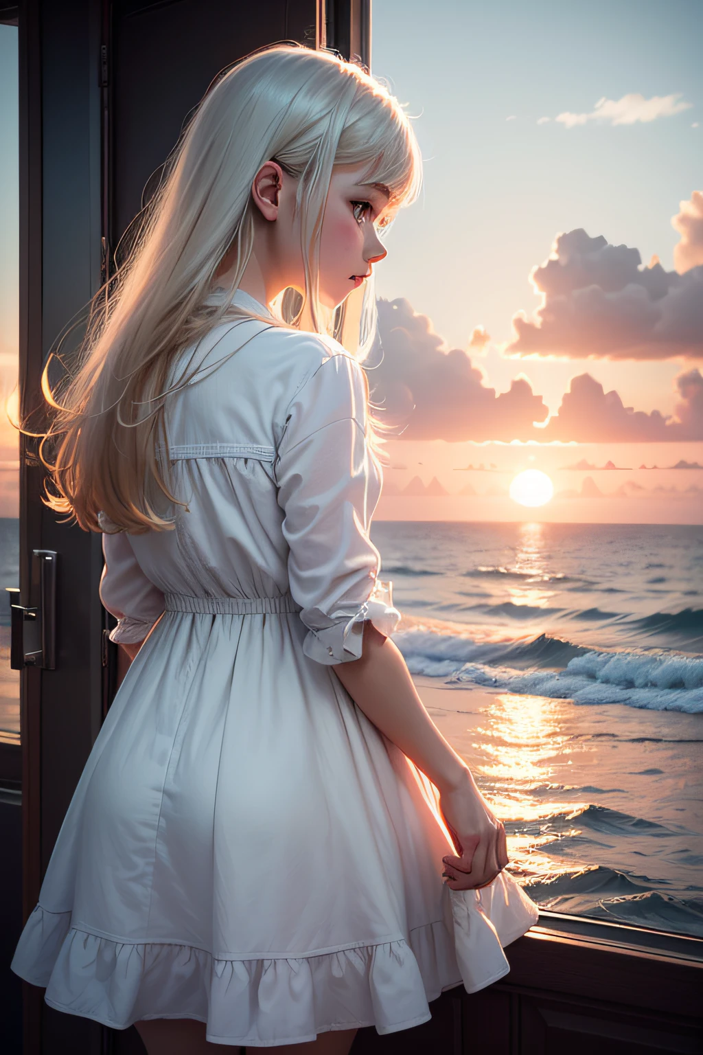 a girl, 22 year old, white dress she on the bad looking far away into window in the sea sunset