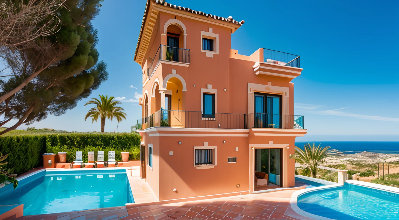 mediterranean style villa with pool and sea view in the background, villa, mediterranean architecture, marbella, costa blanca, exterior view, outside view, mediterranean vista, vivid and detailed, vibrant hues, inspired by Ricardo Bofill, seaview, seen from outside, exterior, next to the sea, award-winning masterpiece, rich colourful, view from the side, incredible masterpiece