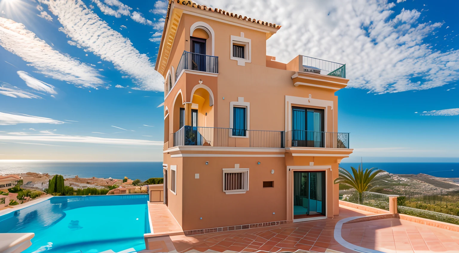 mediterranean style villa with pool and sea view in the background, villa, mediterranean architecture, marbella, costa blanca, exterior view, outside view, mediterranean vista, vivid and detailed, vibrant hues, inspired by Ricardo Bofill, seaview, seen from outside, exterior, next to the sea, award-winning masterpiece, rich colourful, view from the side, incredible masterpiece