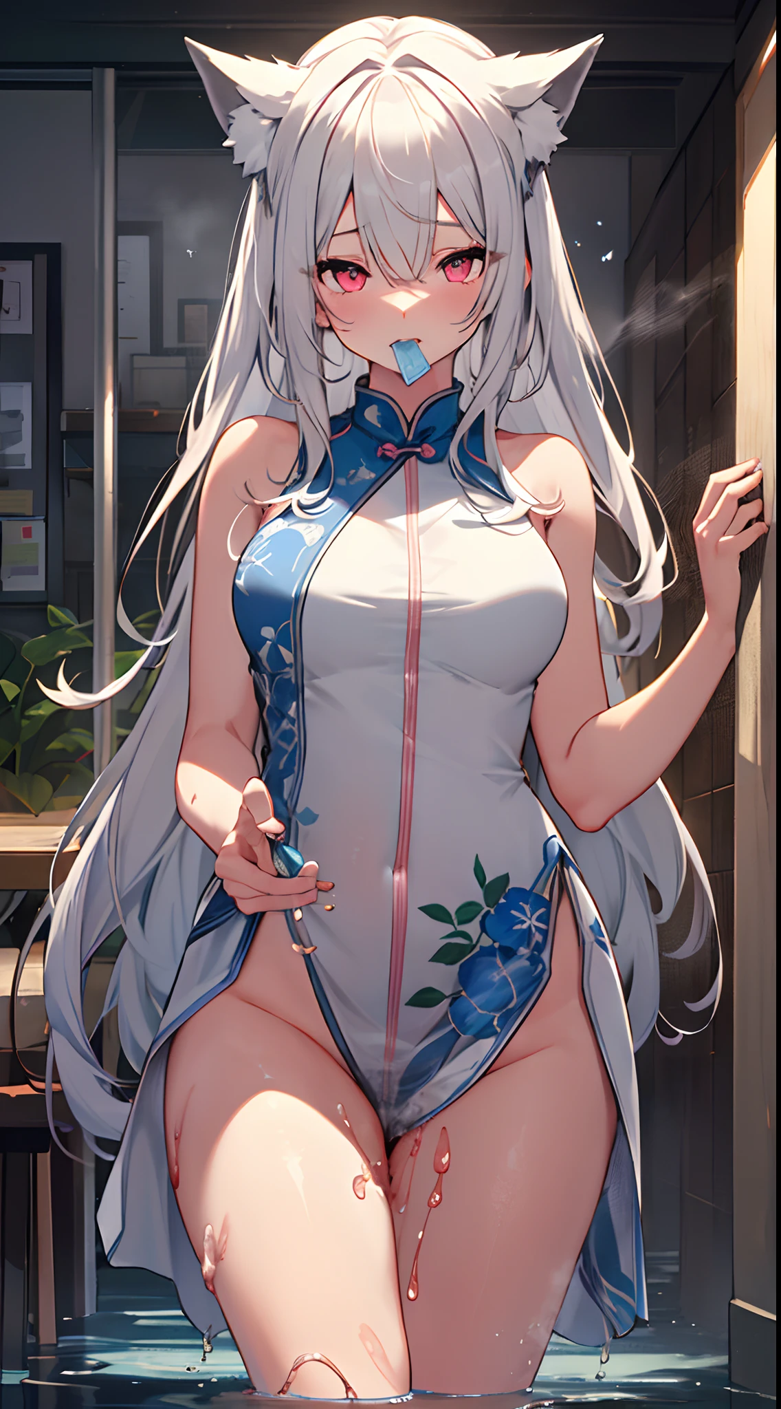 (Masterpiece, Best quality:1.3),beautiful detailed glow,best illuminate,(((Best quality,textile shading,Ultra detailed))),Extremely detailed Cg Unity 8K wallpaper,Highly Detailed beautiful and aesthetic,Best light,high resolution,Detailed,Dynamic lighting,cheongsam
1 Girl, Solo,Fox girl, restaurant, Medium breasts, Intricate details,White hair,Close-up,fullnude,fullnude, fullnude,fullnude,with her mouth open(Lewd bark,Pampering),open waist,show legs,cropped shoulders,Exposing female genital organs,close-up all over the body,perspire,Be red in the face,pink areolae,Exposing female genital organs,Get wet all over your body,Spread your legs ,missionary pose,show,an female genital organs,urinating(Spray urine),(Self-paranoid female genital organs,Masturbation),(From female genital organs,Shedding of urine,semi transparent,the milky,Love liquid),soggy(urine,Love liquid),Damp condoms(Wet pubic hair),Steam flows from the female genital organs, Urine stains on female genital organs, Stand with your legs spread, polution, Be patient to pee, Beautiful eyes, Depth of field, High-definition CG unity 8K wallpapers, Masterpiece, Detailed background, Dramatic angle, dramatic pose, Fluttering hair, {{{full bodyesbian}}, Perfect detail, Skin texture