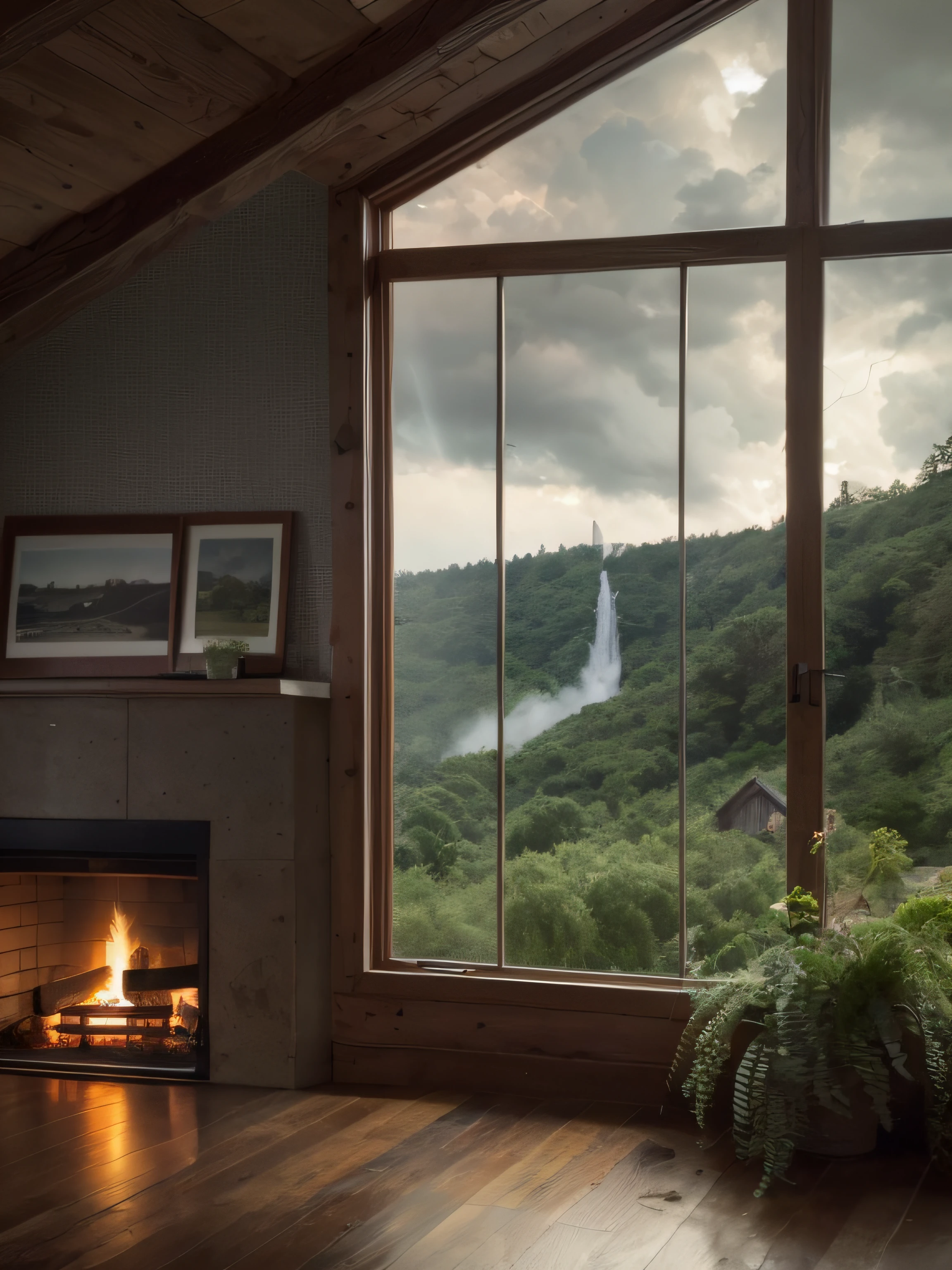 violent storm,dark stormy clouds,floor to ceiling window,sofe,fireplace,baby cats,A plant,the woods,hilltop,High detail,lightand shade contrast,hyper HD,tmasterpiece,winning artwork,Best quality at best,A high resolution,16k
