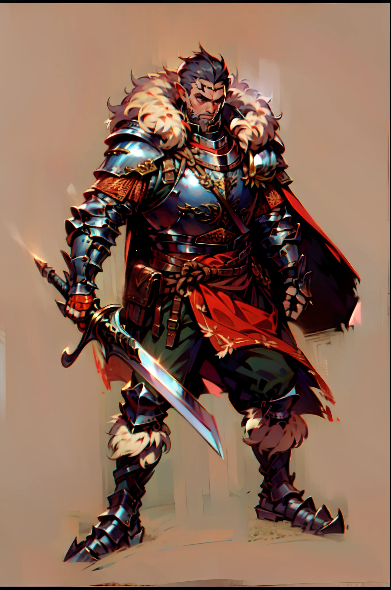 Hobgoblin, Dungeons and Dragons, paladin, rogue, sorcerer, fur cloak, plate armor and chain mail armor, wearing (cuirass, gorget, pauldron, couter, vambrace, gauntlets, cuisses, greaves, sabatons, poleyn, tasses, plackard, rerebrace, breastplate, faulds, scabbard, gardbrace, shoulder armor), shaved bald on the sides of his head, bushido haircut, greaser haircut, 1950's croptop haircut, punk rock haircut, The Misfits haircut, holding a rapier, shoulder armor made of single piece of metal, realistic armor, symmetrical armor, depth of fields,high light,Real light,Ray traching,oc rendered,Hyper-realistic,best qualtiy,8K,Works of masters,super-fine, medieval fantasy, 8k, hires, uper-fine,16K resolution,high qulity,电影灯光,High picture detail,Epic shooting,oc rendered, Correct anatomy, red skin, pointy elf ears