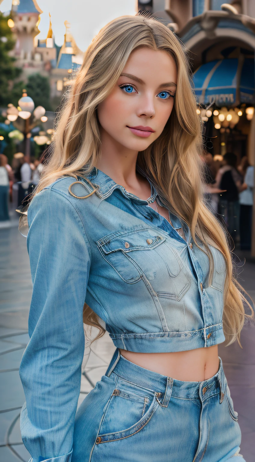Photo of a European woman, raw, blue eyes, full body, (Extra long wavy blonde hair), (finely detailed skin), pale skin, Disneyland background, moist, casual clothes, (masterpiece) (photos realistic)(Best Quality) (Detailed) photographed in a Canon EOS R5, 50mm Lens, F/2.8, (8K) (Wallpaper) (Cinematic lighting) (Dramatic Lighting) (Convoluted) Fashion,