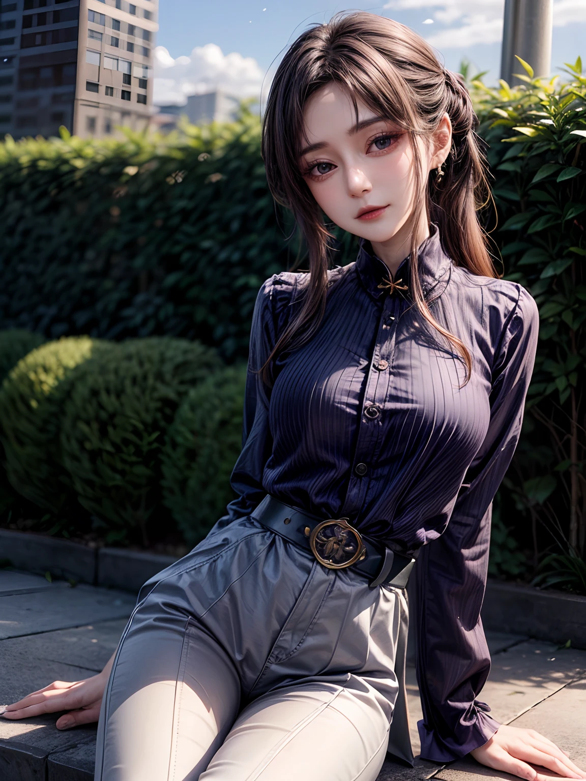 Ultra-realistic 8k CG,masterpiece,((ultra-detailed background, delicate pattern, intricate details)),best quality,very detailed face,extremely detailed eyes and face,extremely detailed eyes,kochou shinobu,multicolored hair,no bangs,hair intakes,purple eyes,forehead,black shirt,black pants,haori,butterfly,buttons,belt,(Garden:1.2),purple flower,chibi,cloudy sky,sunlight,Tindal effect,gradient_sky,face,Gorgeous sky,Waist Sabre,Charming posture,