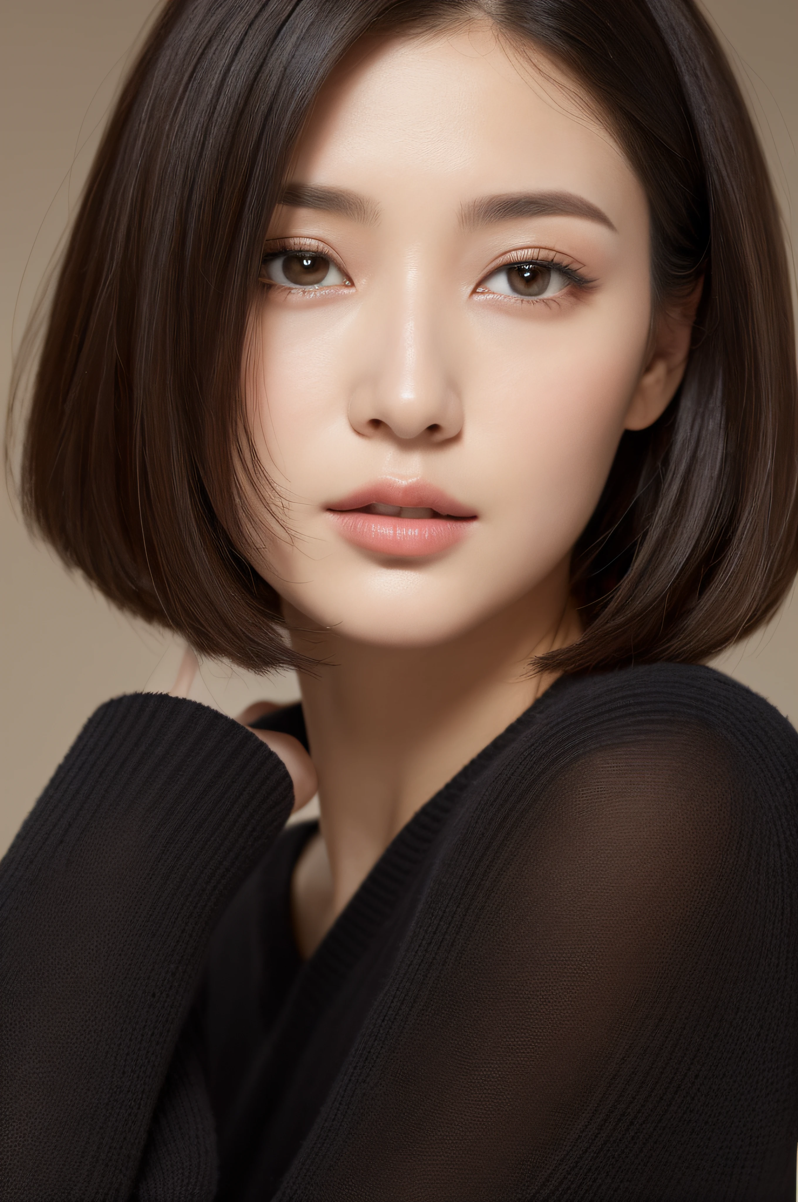 masuter piece:1.3)、(8K、Photorealsitic、Raw photography、top-quality: 1.4)、(1girl in)、Very beautiful face、(Very realistic face)、(A dark-haired、short-hair:1.3)、Very beautiful hairstyle、Very realistic eyes、Very beautiful details、（Very realistic skin）、Very beautiful skin、（Sweaters）、absurderes、Very attractive、超A high resolution、A hyper-realistic、high-detail、the golden ratio.