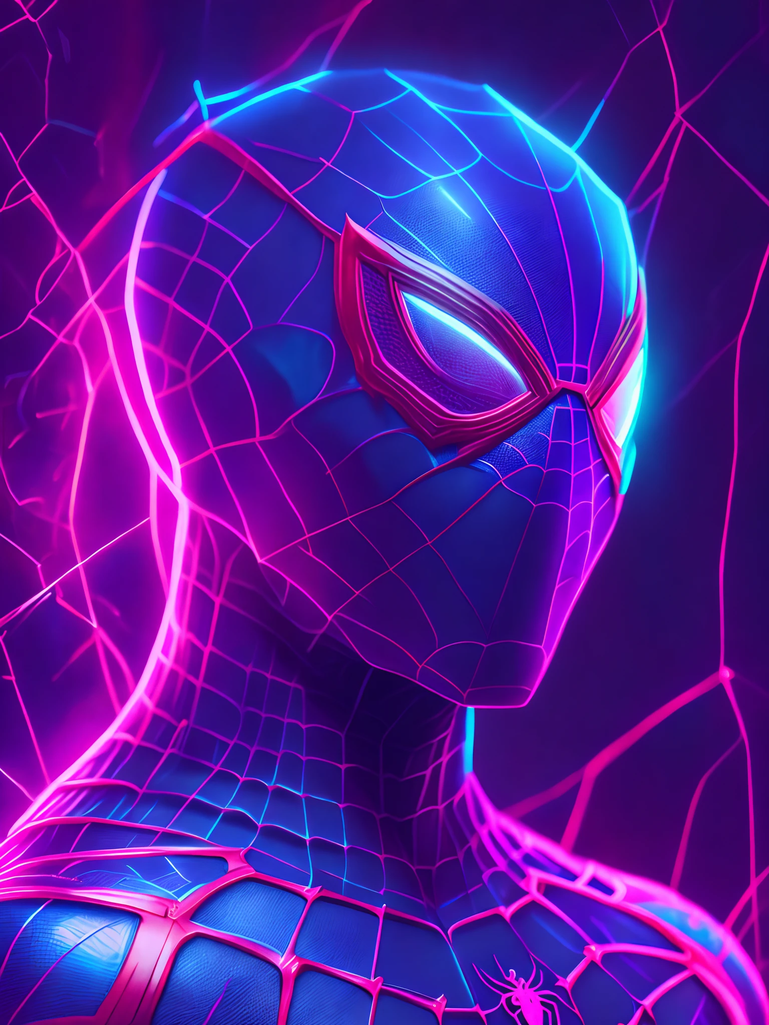 neon portrait of spider man from Marvel, photorealistic painting, intricate, 8K, very detailed, three-dimensional lighting, digital painting, sharp and intense focus, works by Artgerm E. Rutkowski and Alphonse Mucha, CGsociety