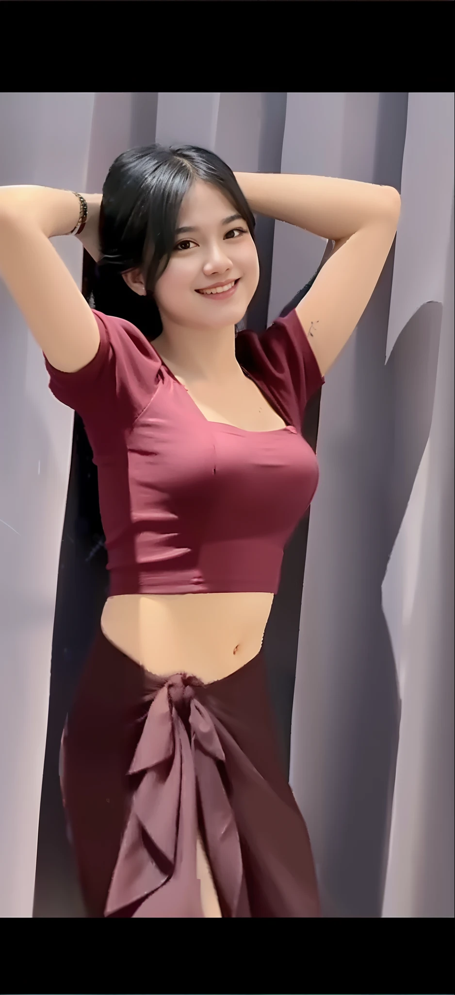 arafed asian woman in a maroon top and skirt posing for a picture, attractive pose, sexy girl, her belly button is exposed, wearing a cute top, sexy body, wearing tight shirt, tight shirt, she has a jiggly fat round belly, wearing a sexy cropped top, sexy hot body, beautiful asian girl, gorgeous chinese model, wearing crop top, without clothes, breasts, breasts