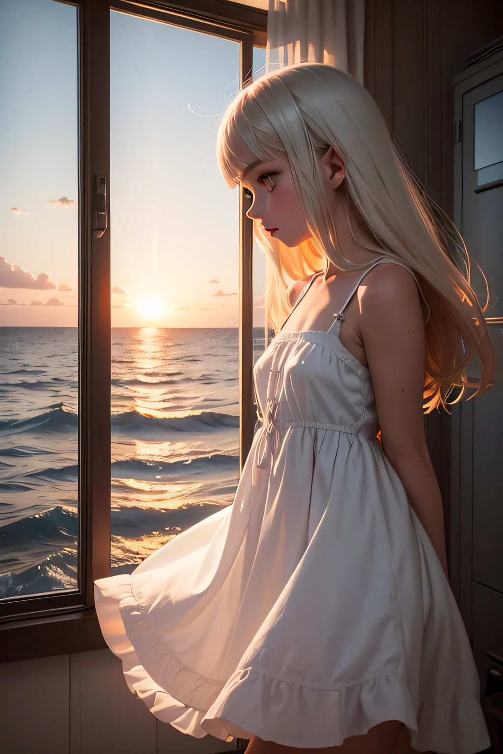 a girl, 22 year old, white dress she on the bad looking far away into window in the sea sunset