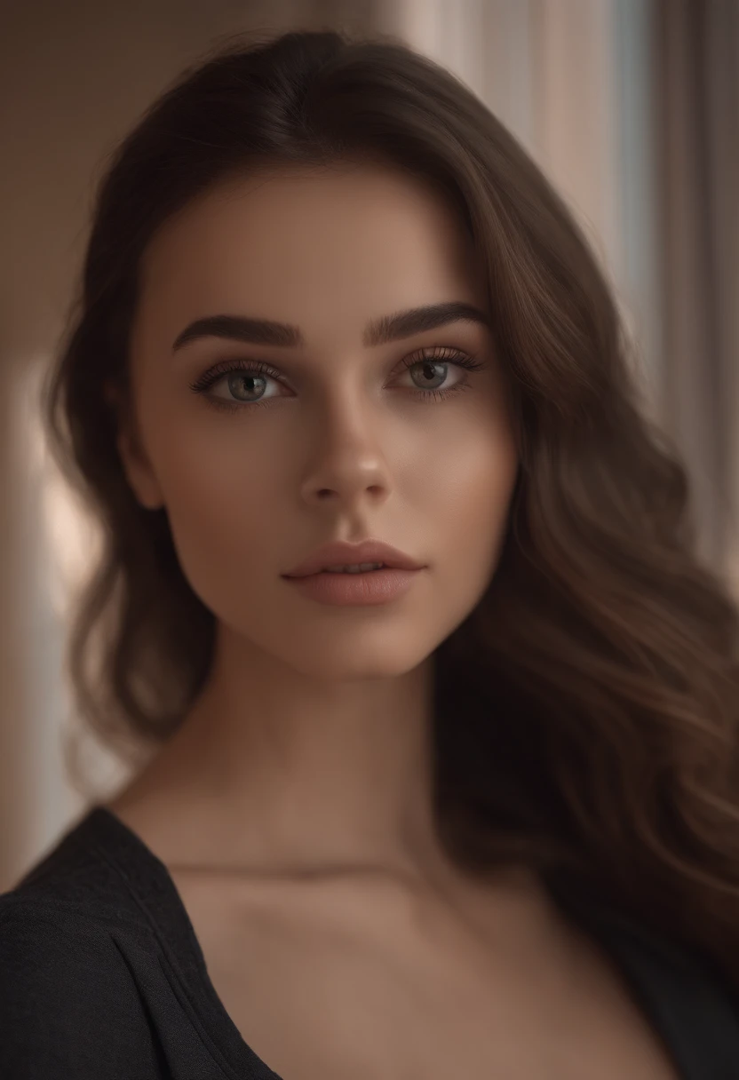 arafed woman fully , sexy girl with brown eyes, ultra realistic, meticulously detailed, portrait sophie mudd, brown hair and large eyes, selfie of a young woman, bedroom eyes, violet myers, without makeup, natural makeup, looking directly at the camera, face with artgram, subtle makeup, stunning full body shot standing on balcony of high-rise building, large size bust