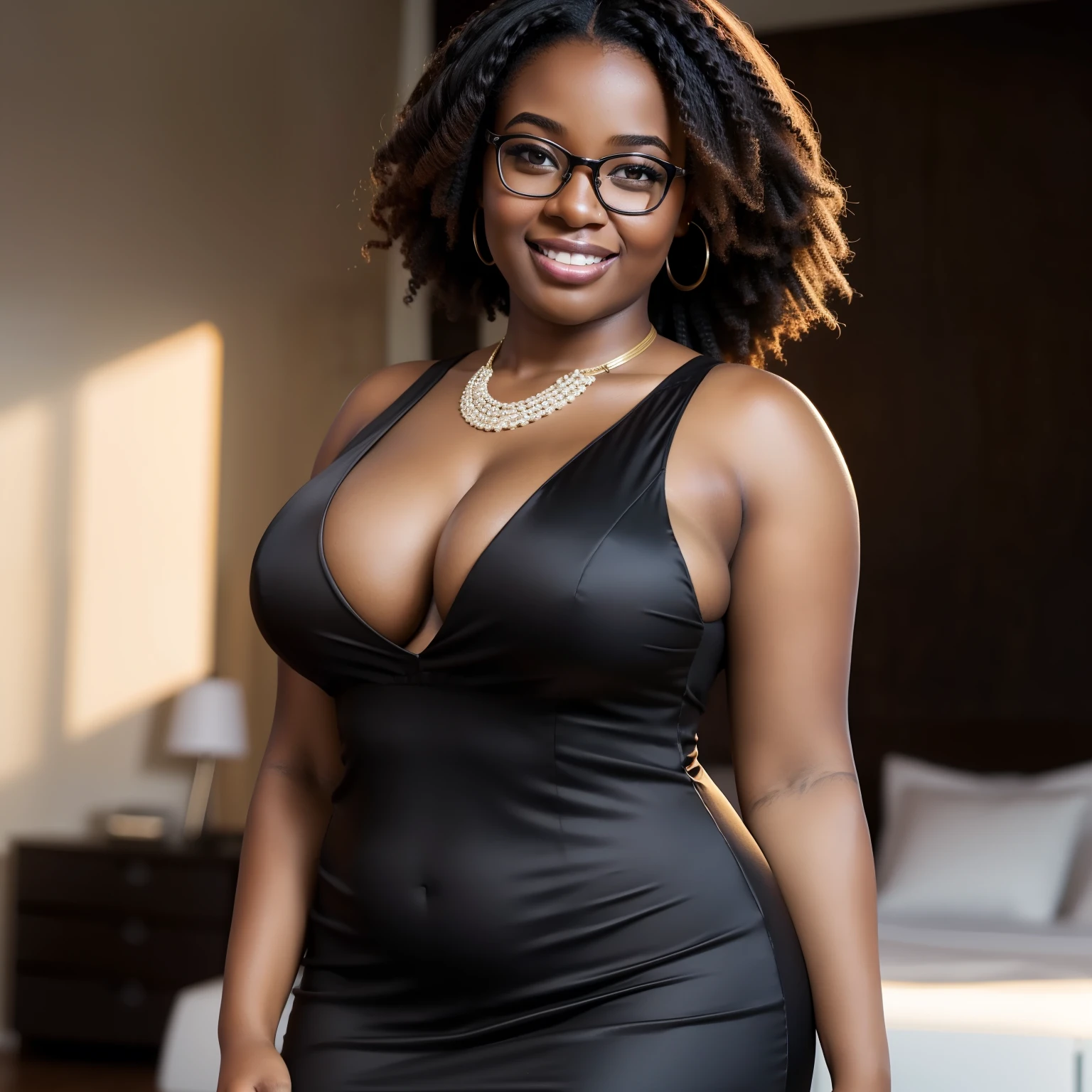 Hyper realistic portrait, very fat black girl, dynamic lighting, very detailed, well-hydrated black skin, short hair, dark wavy hair, nerdy glasses, big boobs, long formal party dress, full body, pose for photoshoot, serene smile, happy look. racing circuit