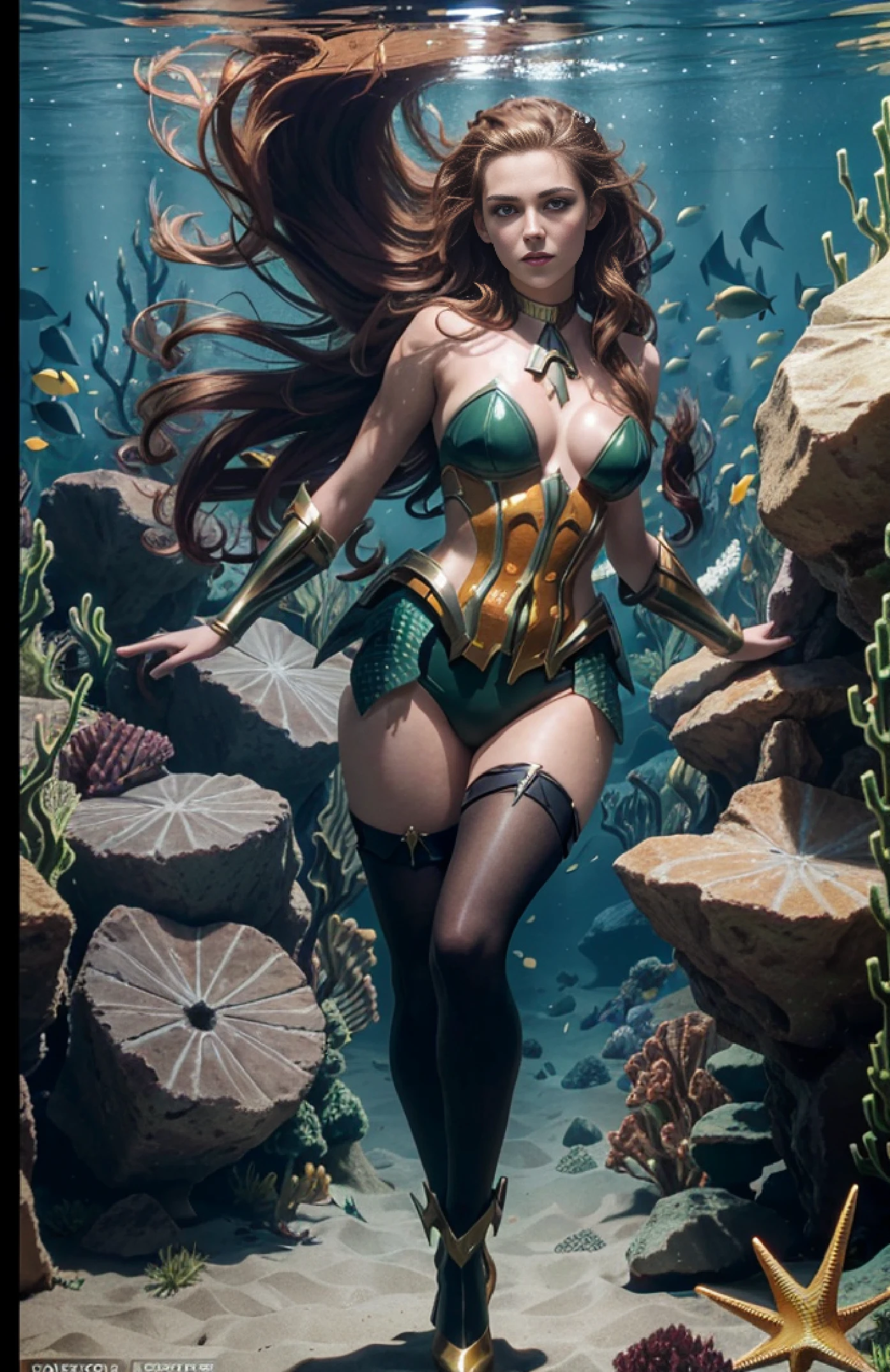 a video shows two different pictures of a person wearing stockings and high heels, pantyhose, 1girl, brown hair, underwear, Kristen Stewart as Aquaman heroine Mera cosplay underwater,sexy aquaman cosplay,serious-expression,D cup,perfect bodies,Deep under the sea,camel toe, photorealistic, 35mm, 8k,