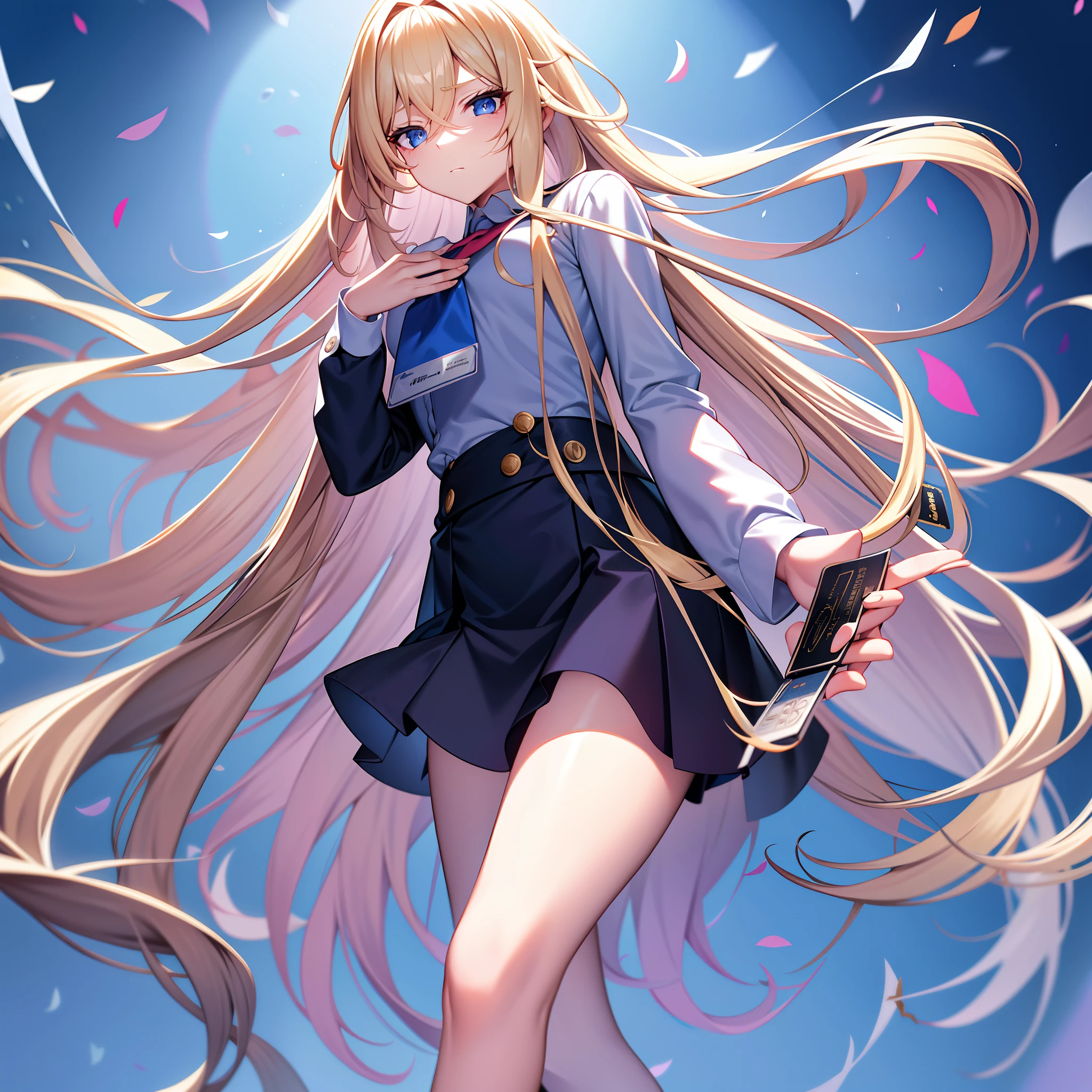 Long blonde hair and chest,Long hair is scattered and fluttering,Spirit blue eyes,Wearing a pale pink school uniform,a black skirt,Stuck with the issuing card,Roll up one sleeve,sneering
