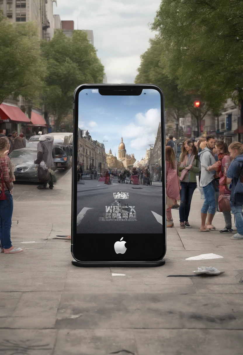 a crowd of people around a giant smartphone looking up