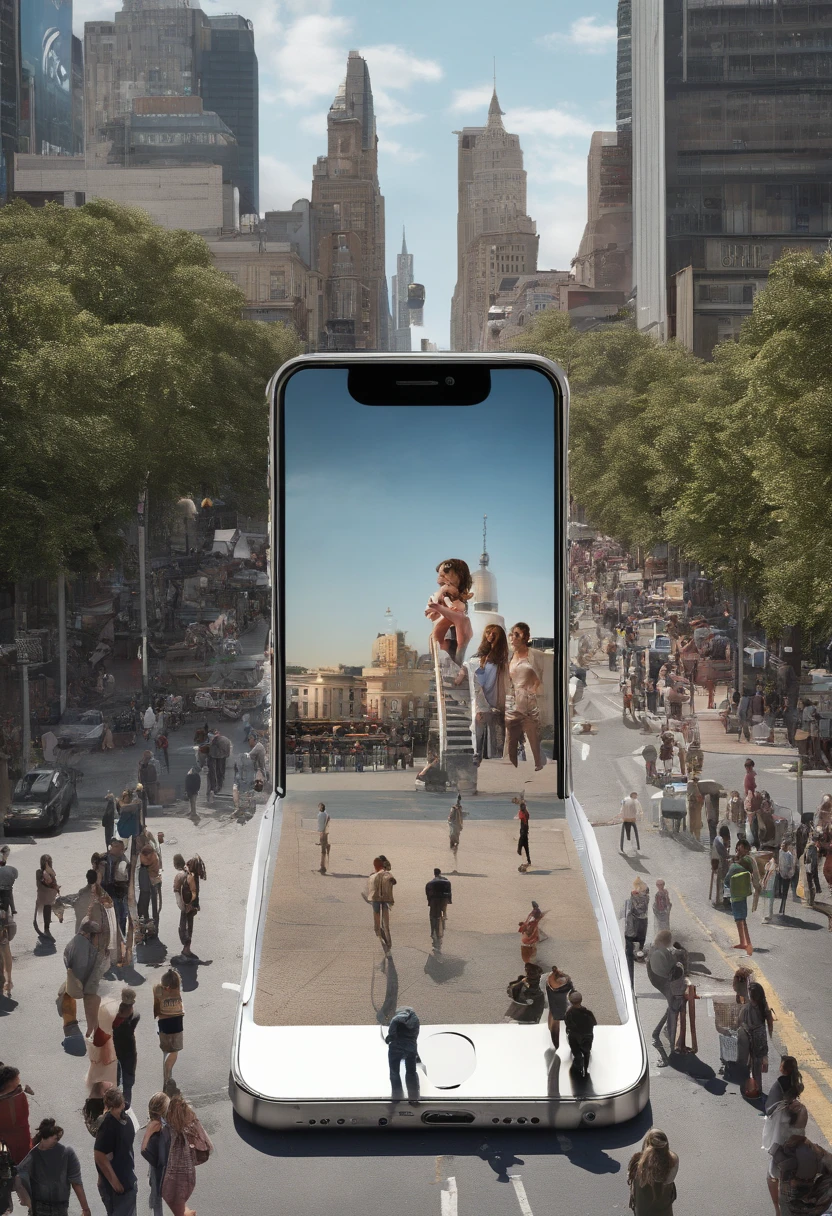 A giant iPhone in the middle of the street with several people looking at it around it