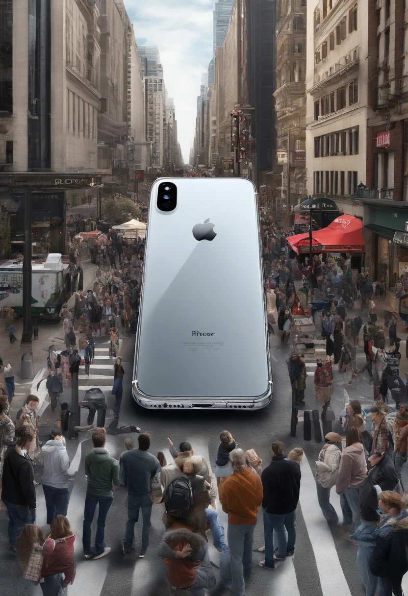 A giant iPhone in the middle of the street with several people looking at it around it