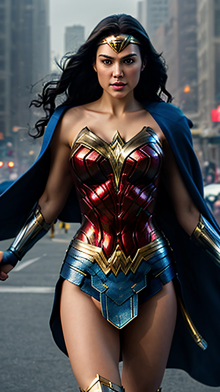 masterpiece, top-quality, hightquality, hight resolution, Cinematic soft lighting、Illuminate the amazingly detailed and ultra-realistic Wonder Woman trending on ArtStation。octane、It's the perfect tool to capture the softest details of this 16k photography masterpiece、New York City、Dress up like Wonder Woman、blue cloak、((disccircularshielded)), ((Tank background))