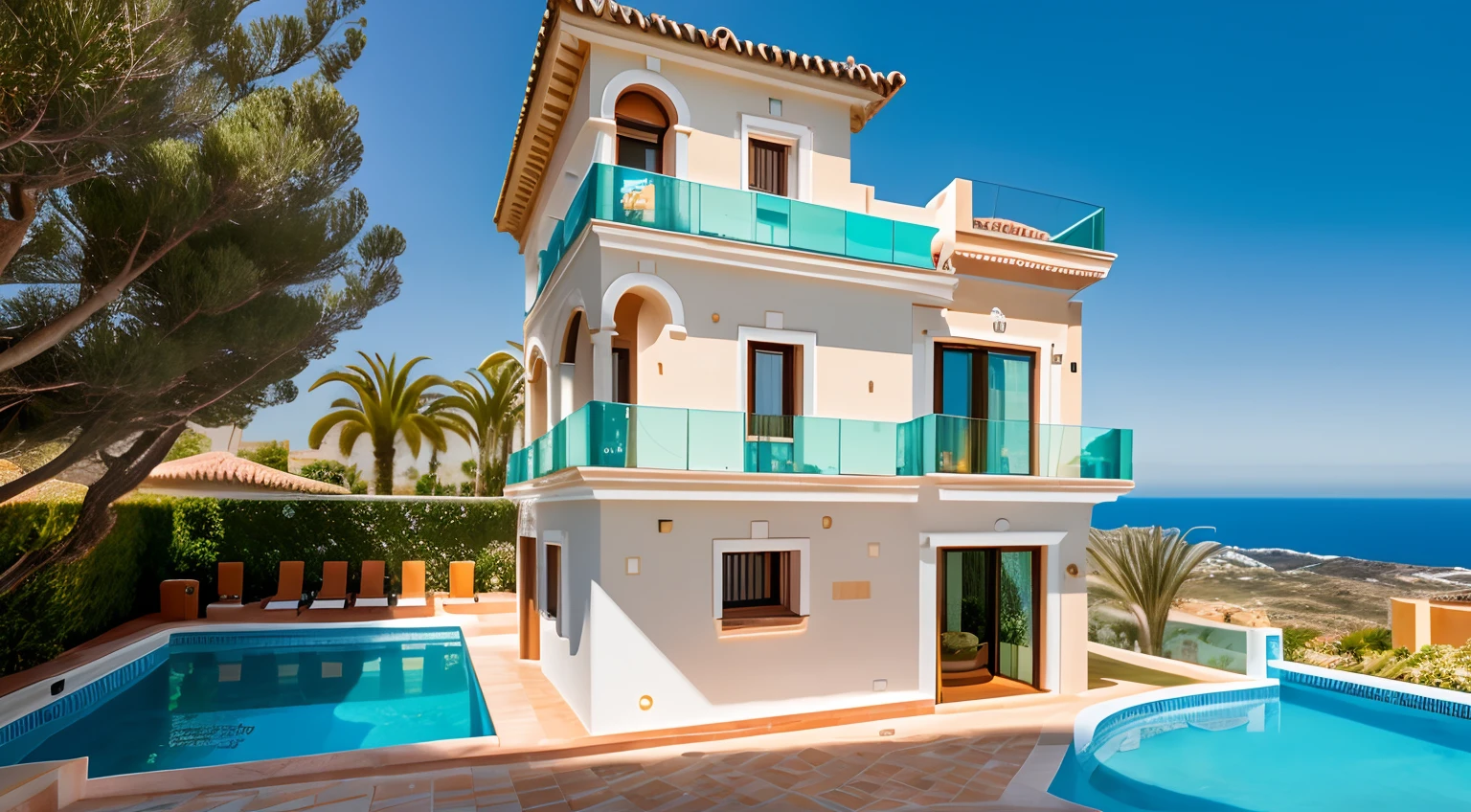 mediterranean style villa with pool and ocean view, villa, marbella, mediterranean architecture, award-winning masterpiece, costa blanca, exterior photography, highly detalied, well-designed masterpiece, vivid and detailed, in spain, rafael, crazy detailed, swimming pool in front, onyx, outside view, extremly detailed, highly no detailed, detailed masterpiece