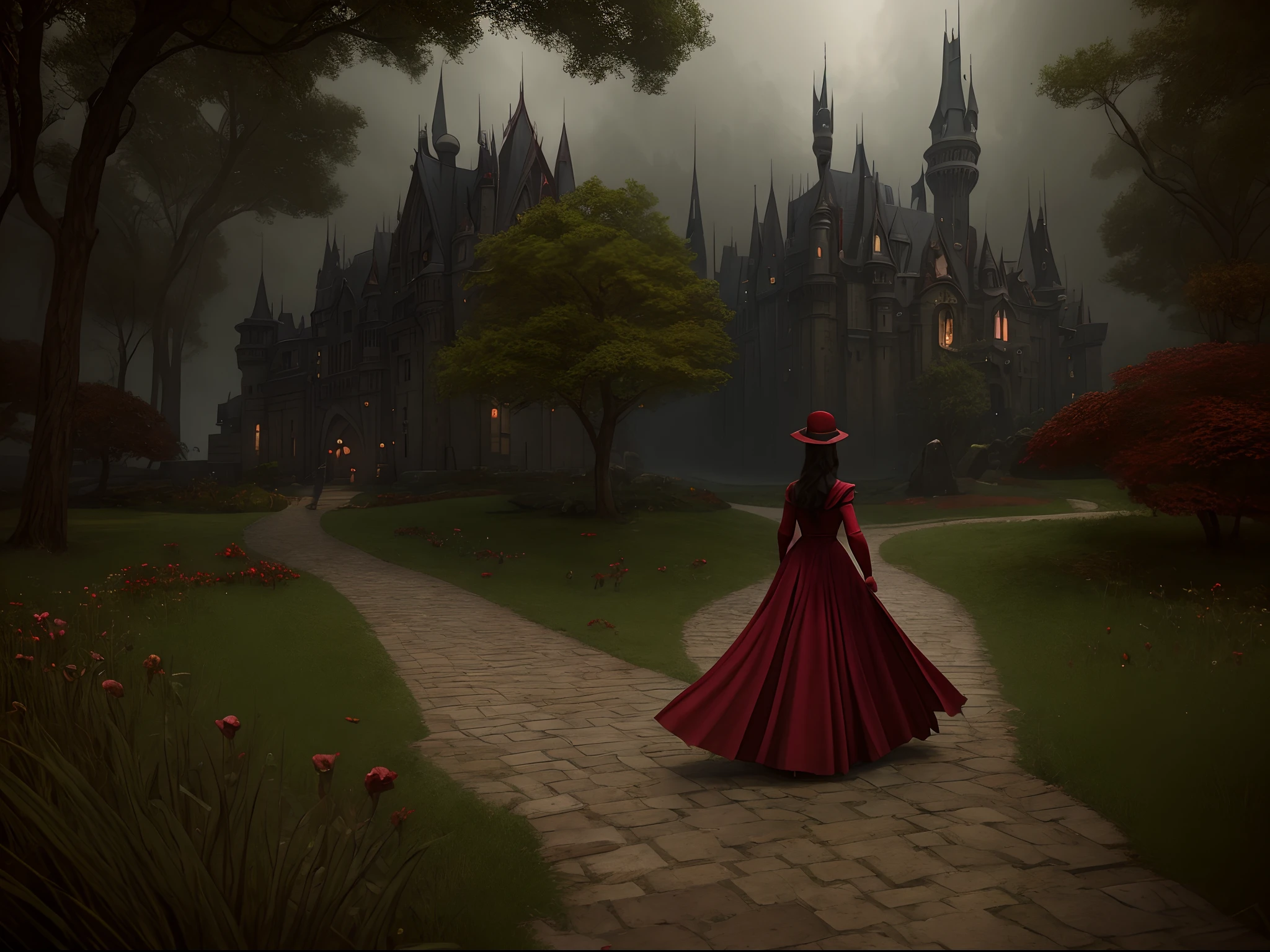 there is a woman in a red dress and hat walking down a path, art nouveau octane render, matte painting portrait shot, inside her surreal vr castle, beautiful render of a fairytale, cinematic photograph concept art, 3d rendered matte painting, 3 d render and matte painting, elegant cinematic fantasy art, magic realism matte painting, realistic fantasy render, artstyle tom bagshaw