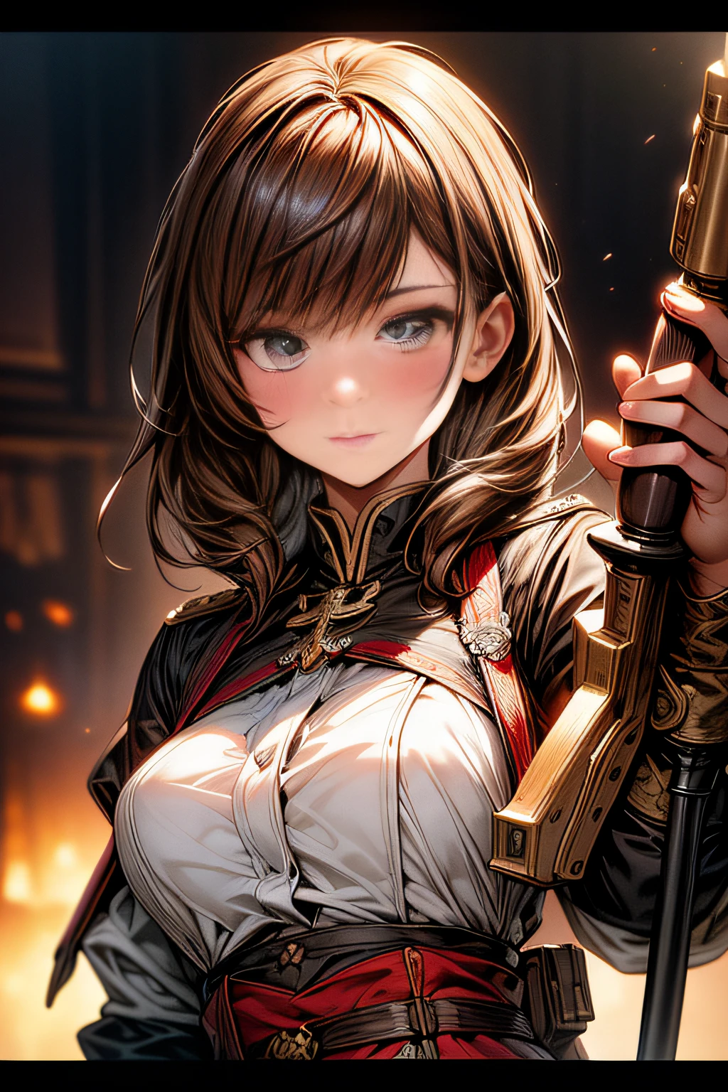 (hard disk, sharp, fractals),(8K resolution), actionpose、ww1ger、(comic book style),(lola:Bad image:1.0),(lola:add more details:1.2 ),、Detailed and complex、intricate-detail、high intricate detailed、absurd amount of details、((looking at the viewers))、 A detailed face, 1girl in_独奏, Imperial German Army Uniform、Mechanical weapons、the complex background