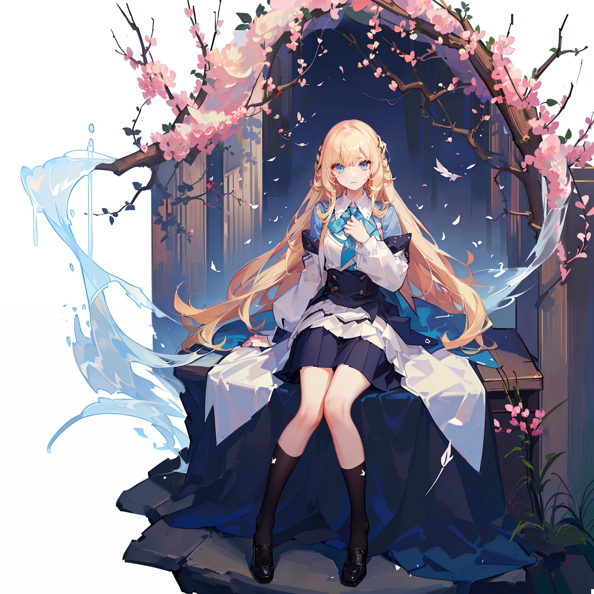 Long blonde hair and chest,Long hair is scattered and fluttering,Spirit blue eyes,Wearing a pale pink school uniform,a black skirt,Stuck with the issuing card,Roll up one sleeve,sneering