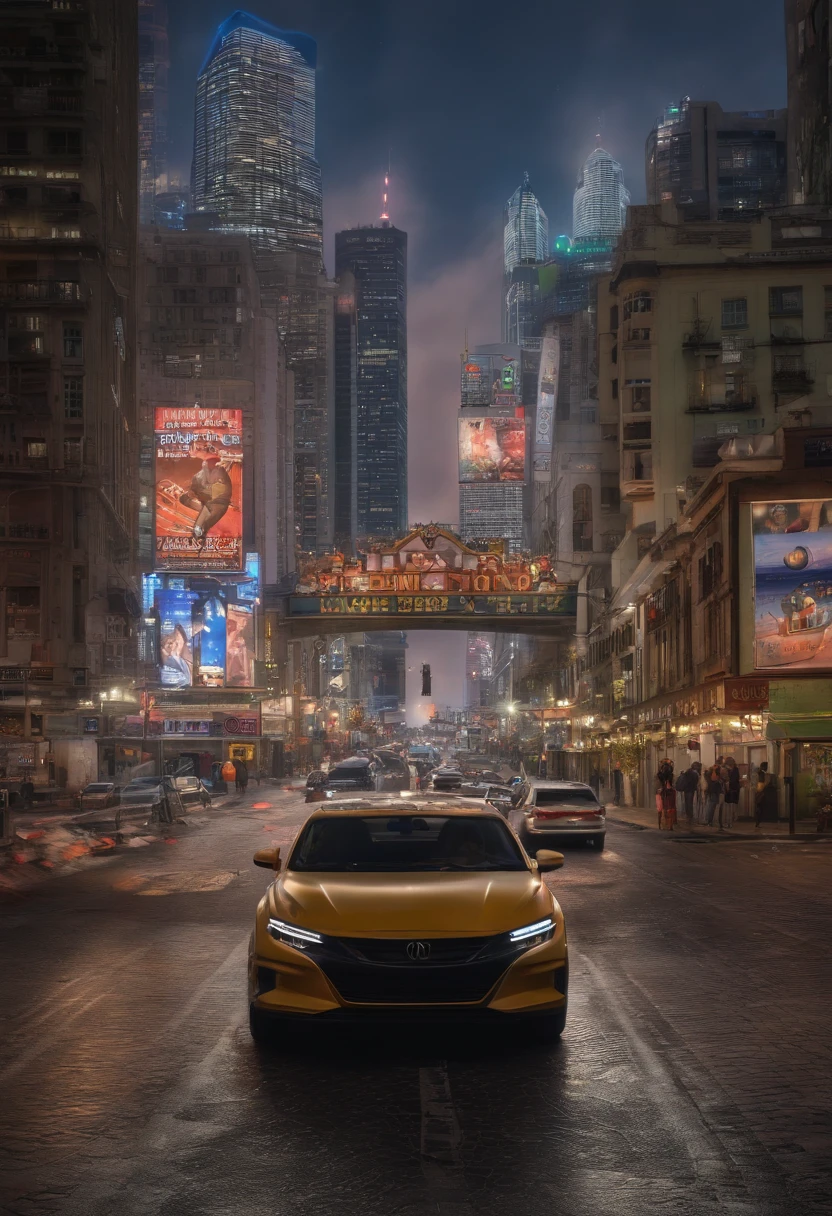 Um iphone gigante no meio da rua com varias pessoas olhando para ele ao seu redor,retrato,Landscape,scientific fiction,colorido,studio lighting,foco nítido,vivid colors,Cityscape,noite,Rua iluminada,Atmosfera agitada,iPhone gigante,Curiosos,astonished expressions,Central location,sidewalk,Visible details,sharp textures
