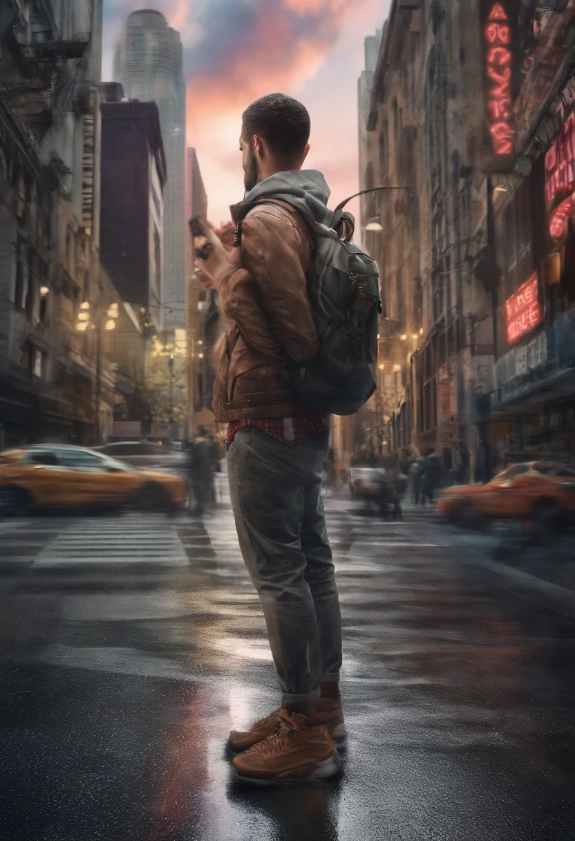 Um iphone gigante no meio da rua com varias pessoas olhando para ele ao seu redor,retrato,Landscape,scientific fiction,colorido,studio lighting,foco nítido,vivid colors,Cityscape,noite,Rua iluminada,Atmosfera agitada,iPhone gigante,Curiosos,astonished expressions,Central location,sidewalk,Visible details,sharp textures